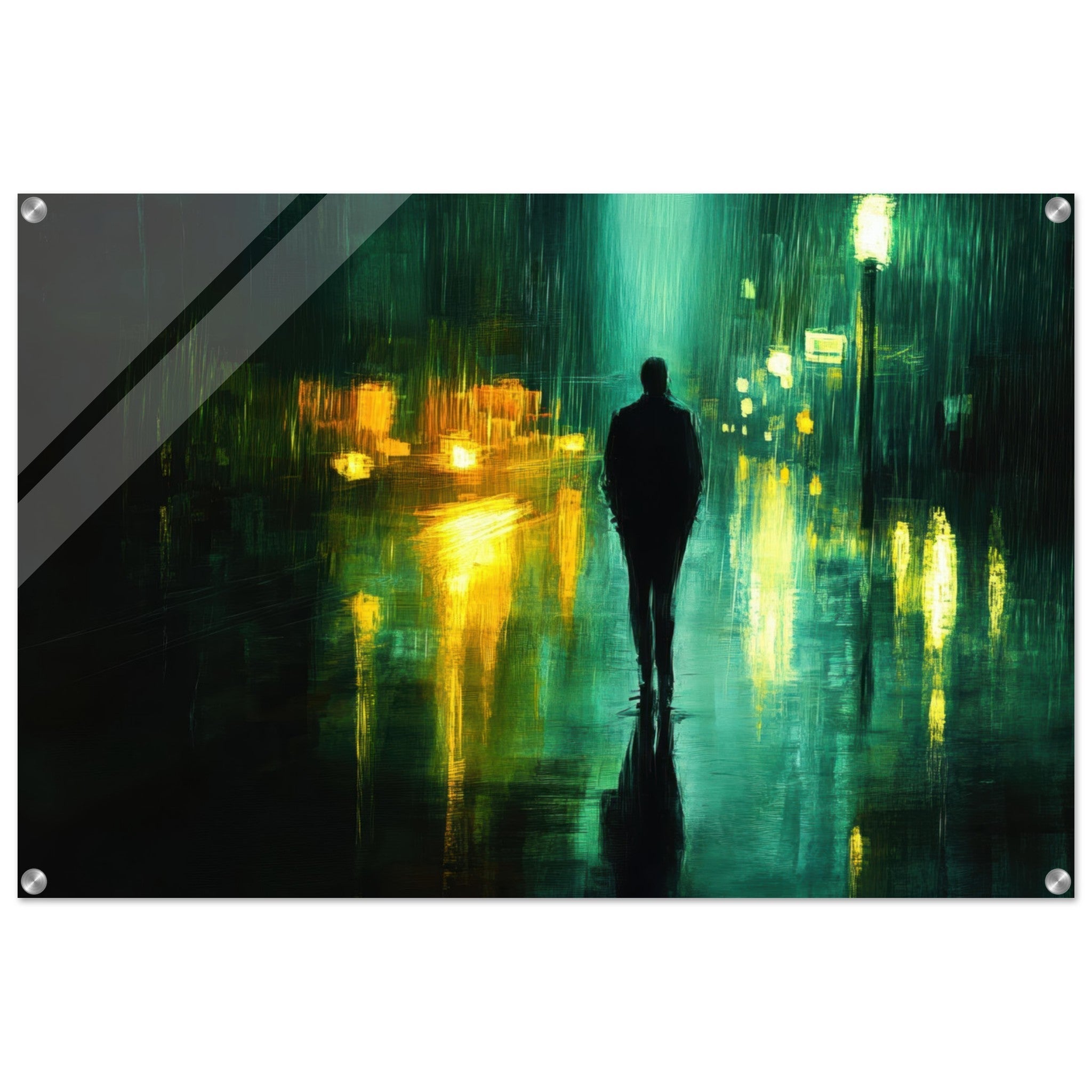 Acrylic Print Landscape - A man walks alone in the pouring rain his figure - Ai Art Force