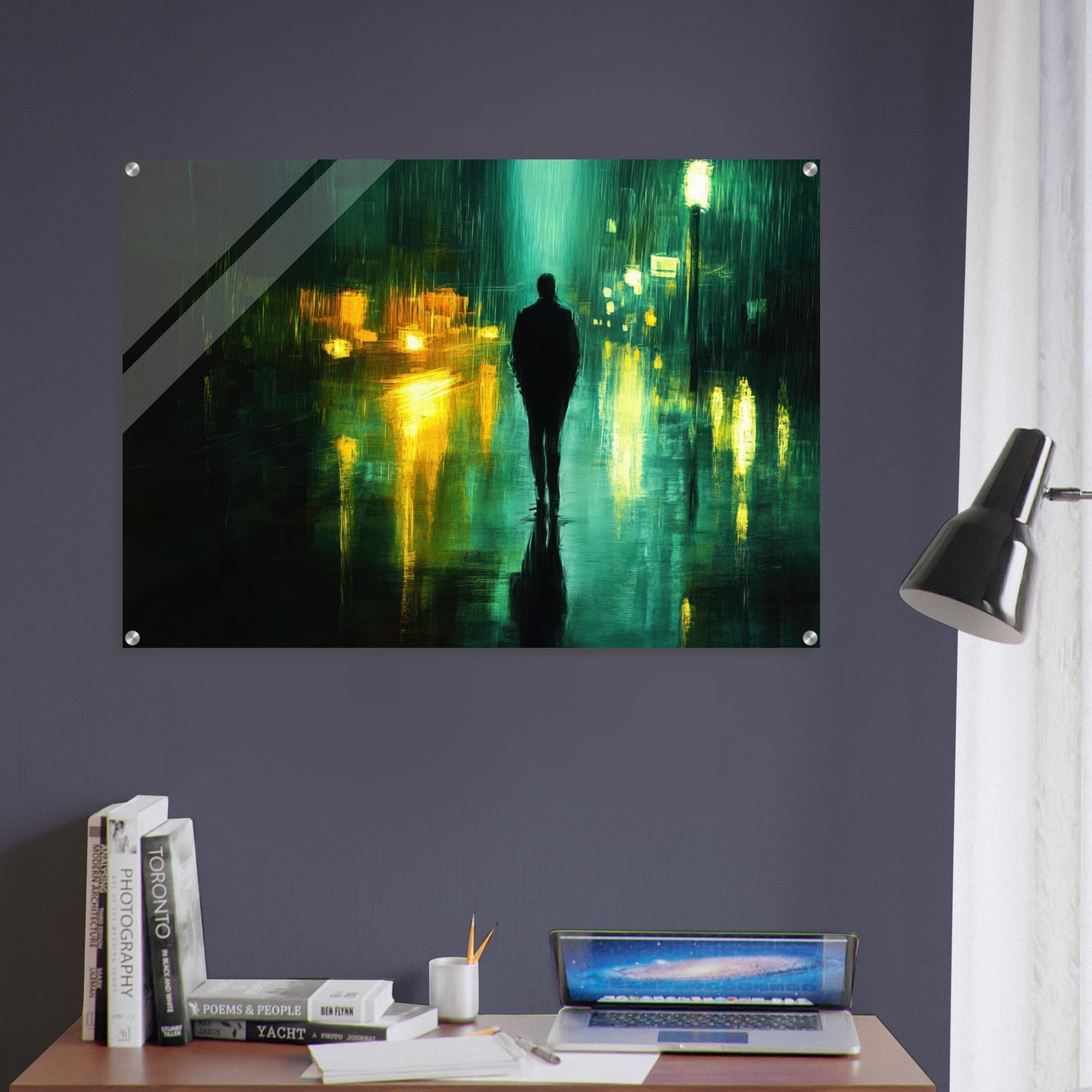 Acrylic Print Landscape - A man walks alone in the pouring rain his figure - Ai Art Force