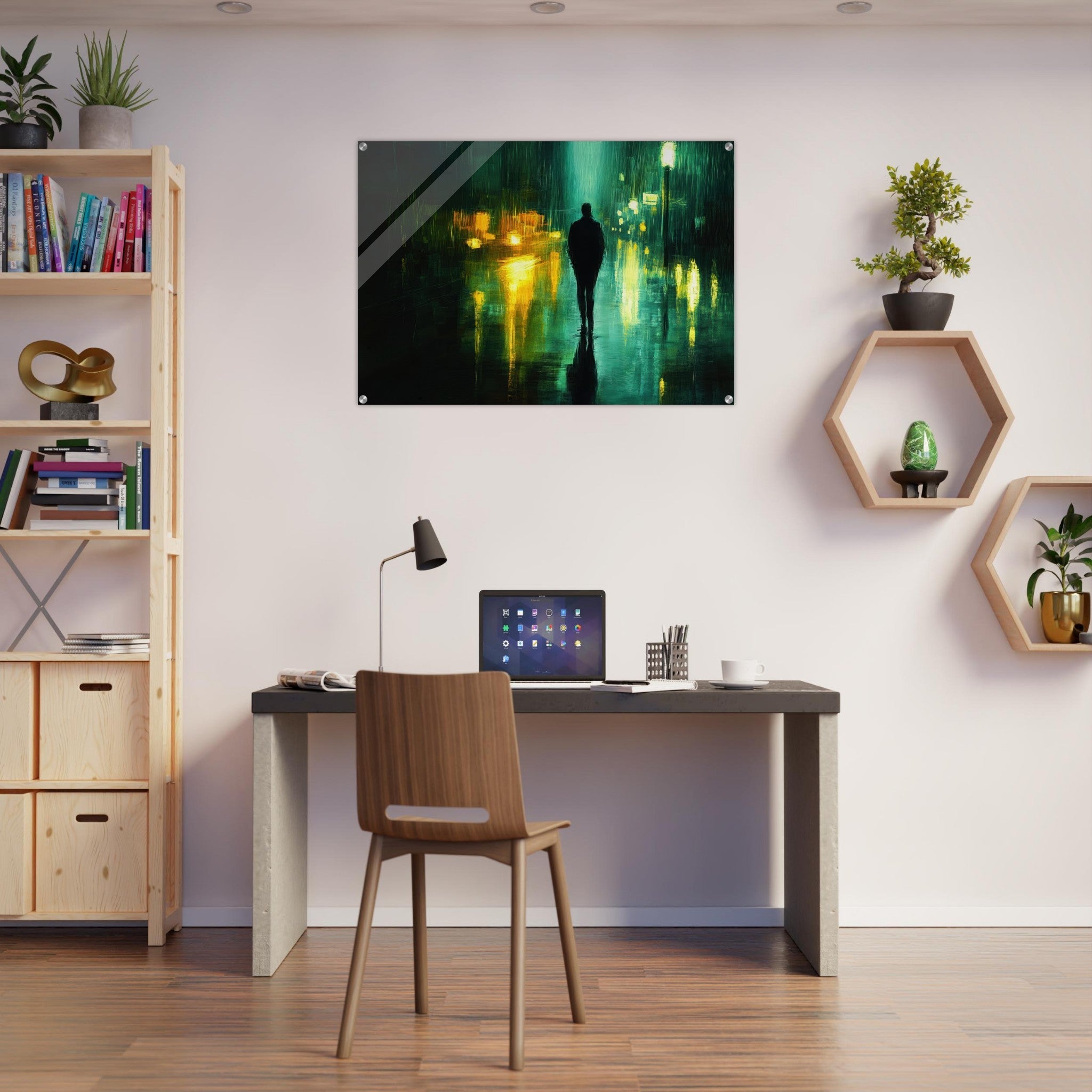 Acrylic Print Landscape - A man walks alone in the pouring rain his figure - Ai Art Force