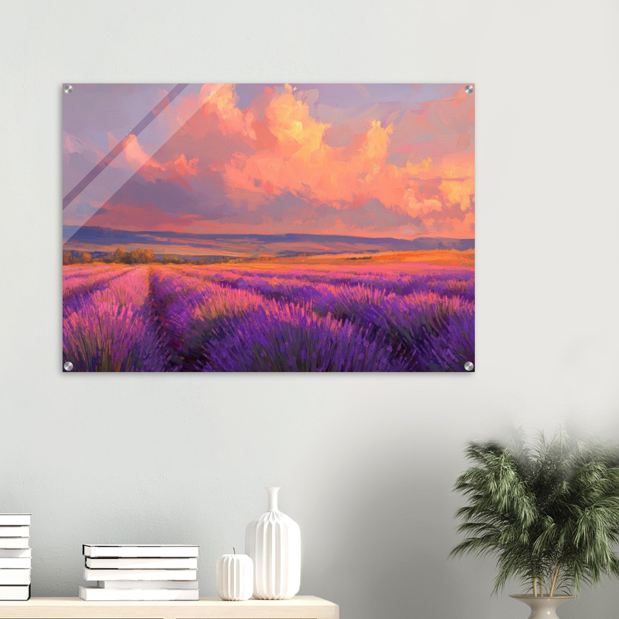 Acrylic Print Landscape - Rolling lavender fields under a pink - hued sunset - Shop Ai Art WebShop - Digital Art online Store
