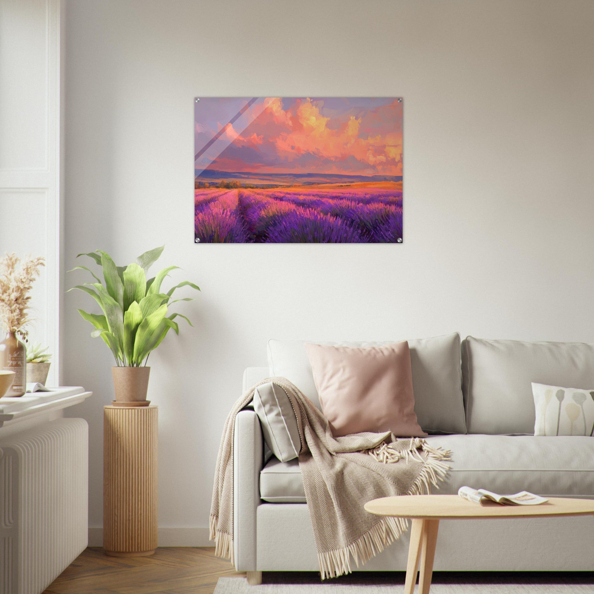 Acrylic Print Landscape - Rolling lavender fields under a pink - hued sunset - Shop Ai Art WebShop - Digital Art online Store