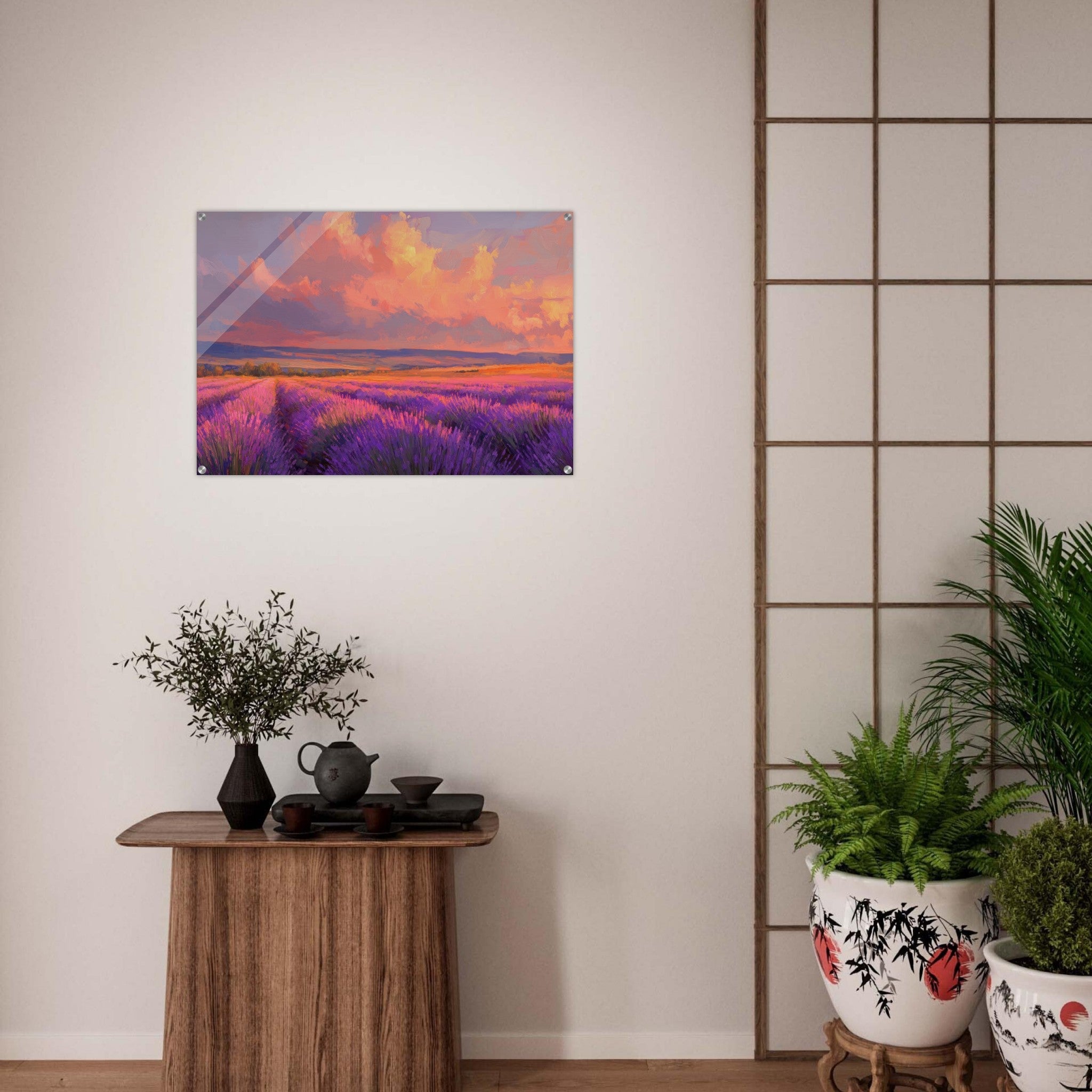 Acrylic Print Landscape - Rolling lavender fields under a pink - hued sunset - Shop Ai Art WebShop - Digital Art online Store