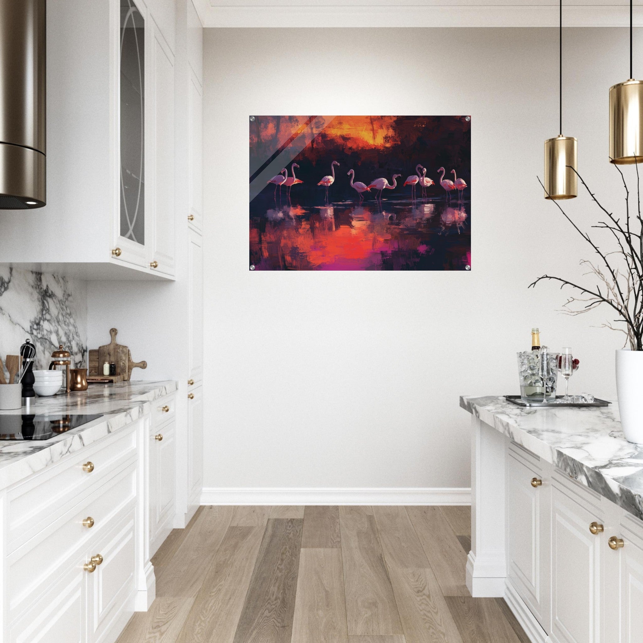 Acrylic Print Landscape - Surreal Flamingo Lake at Sunset Graceful flaming - Shop Ai Art WebShop - Digital Art online Store