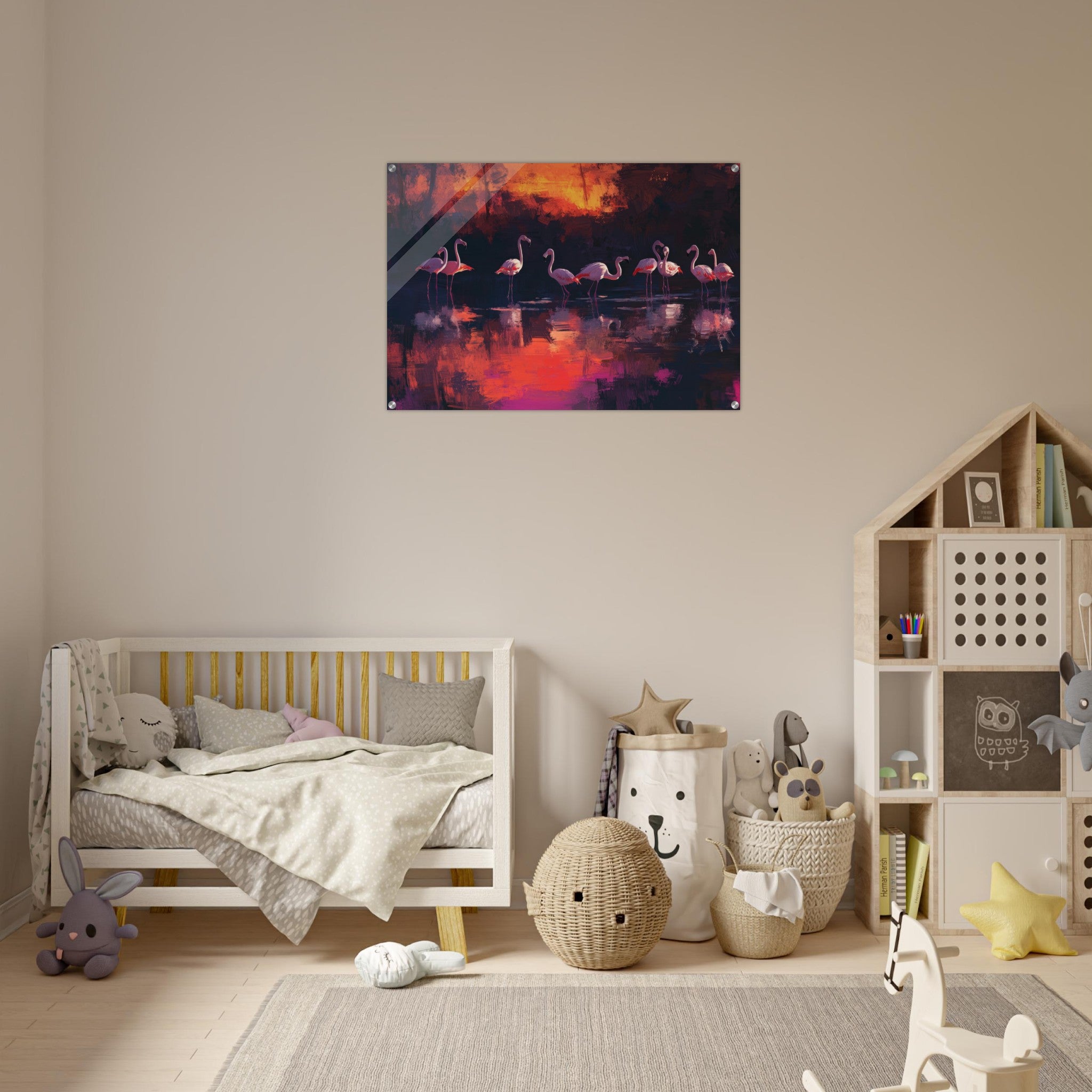 Acrylic Print Landscape - Surreal Flamingo Lake at Sunset Graceful flaming - Shop Ai Art WebShop - Digital Art online Store