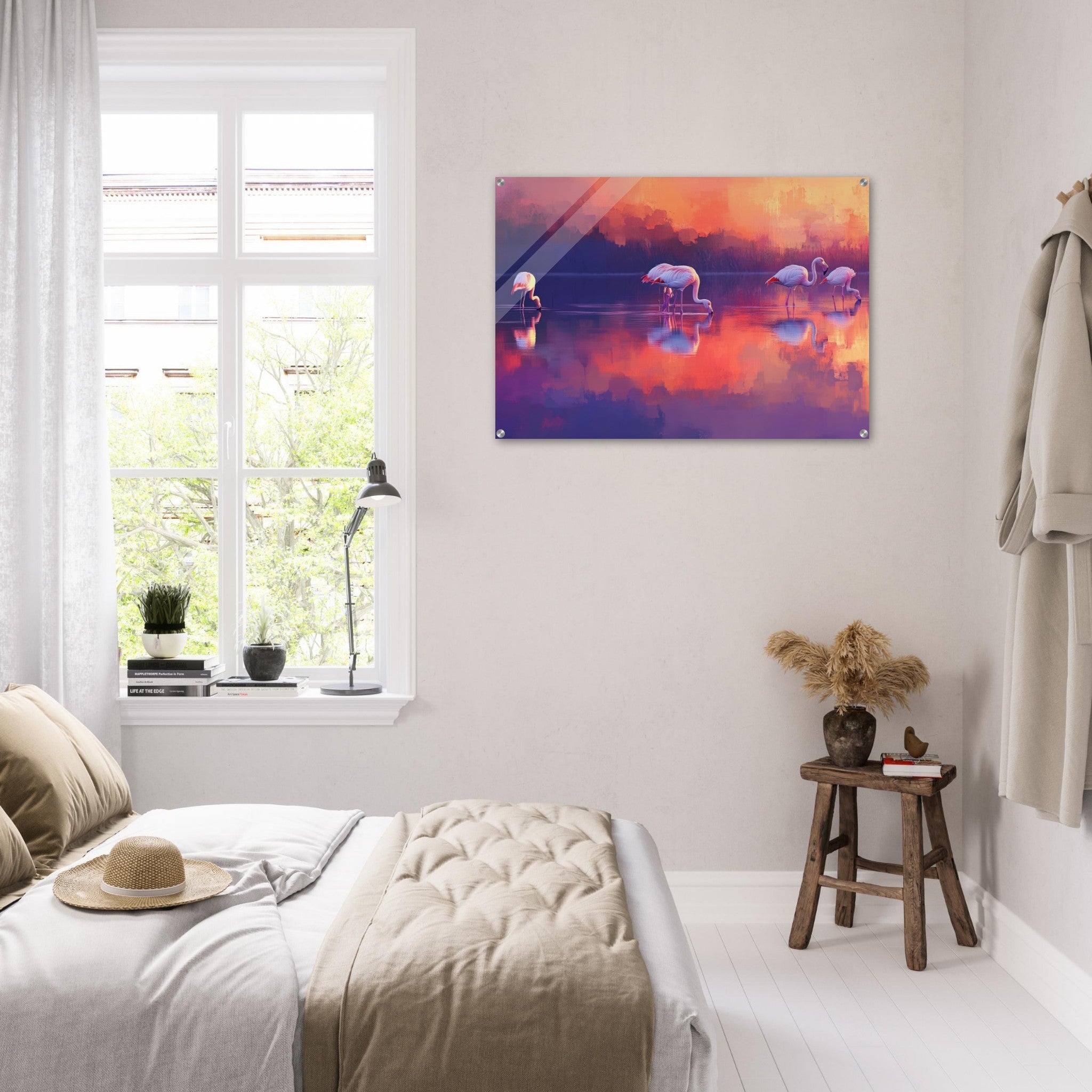 Acrylic Print Landscape - Surreal Flamingo Lake at Sunset Graceful flaming 2 - Shop Ai Art WebShop - Digital Art online Store