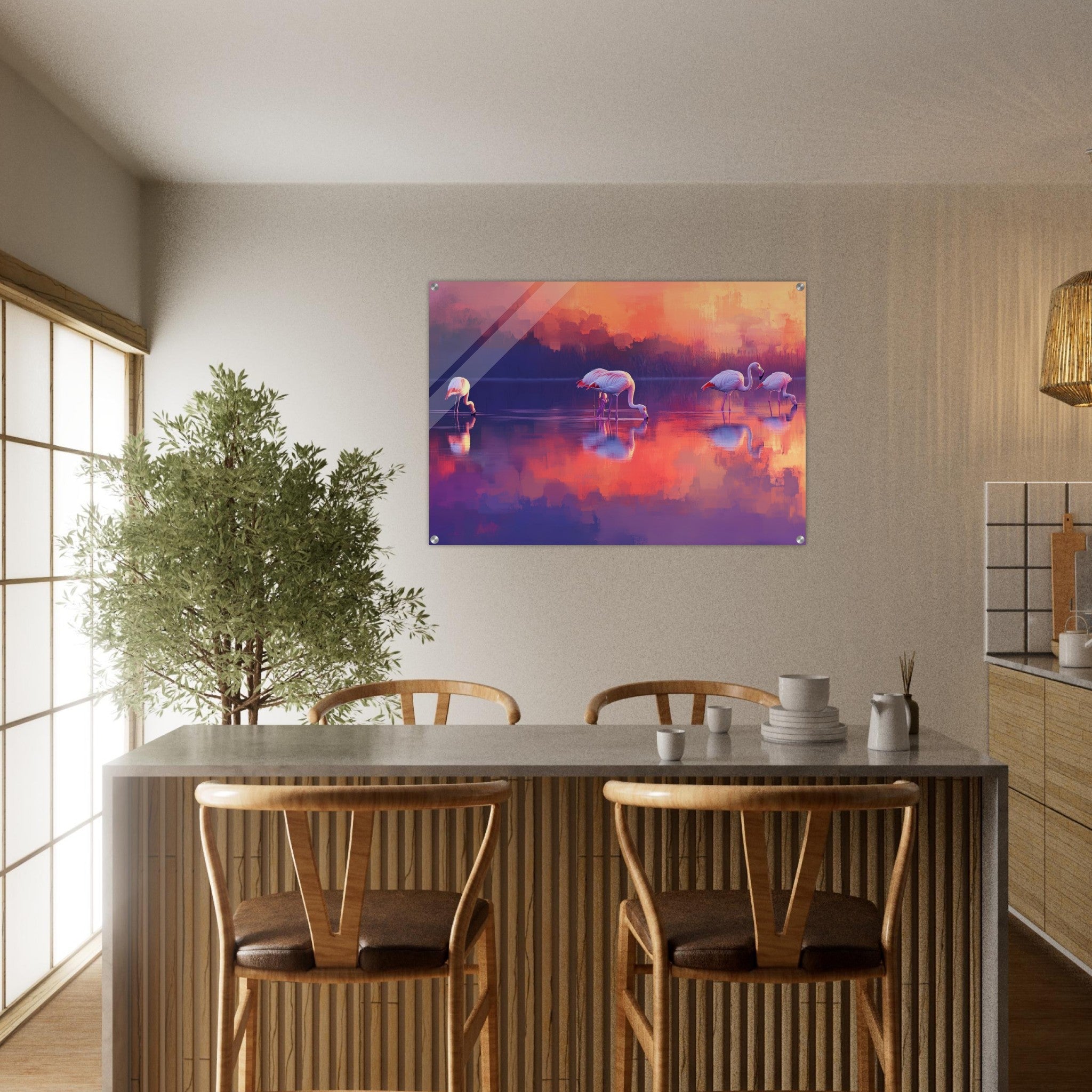 Acrylic Print Landscape - Surreal Flamingo Lake at Sunset Graceful flaming 2 - Shop Ai Art WebShop - Digital Art online Store