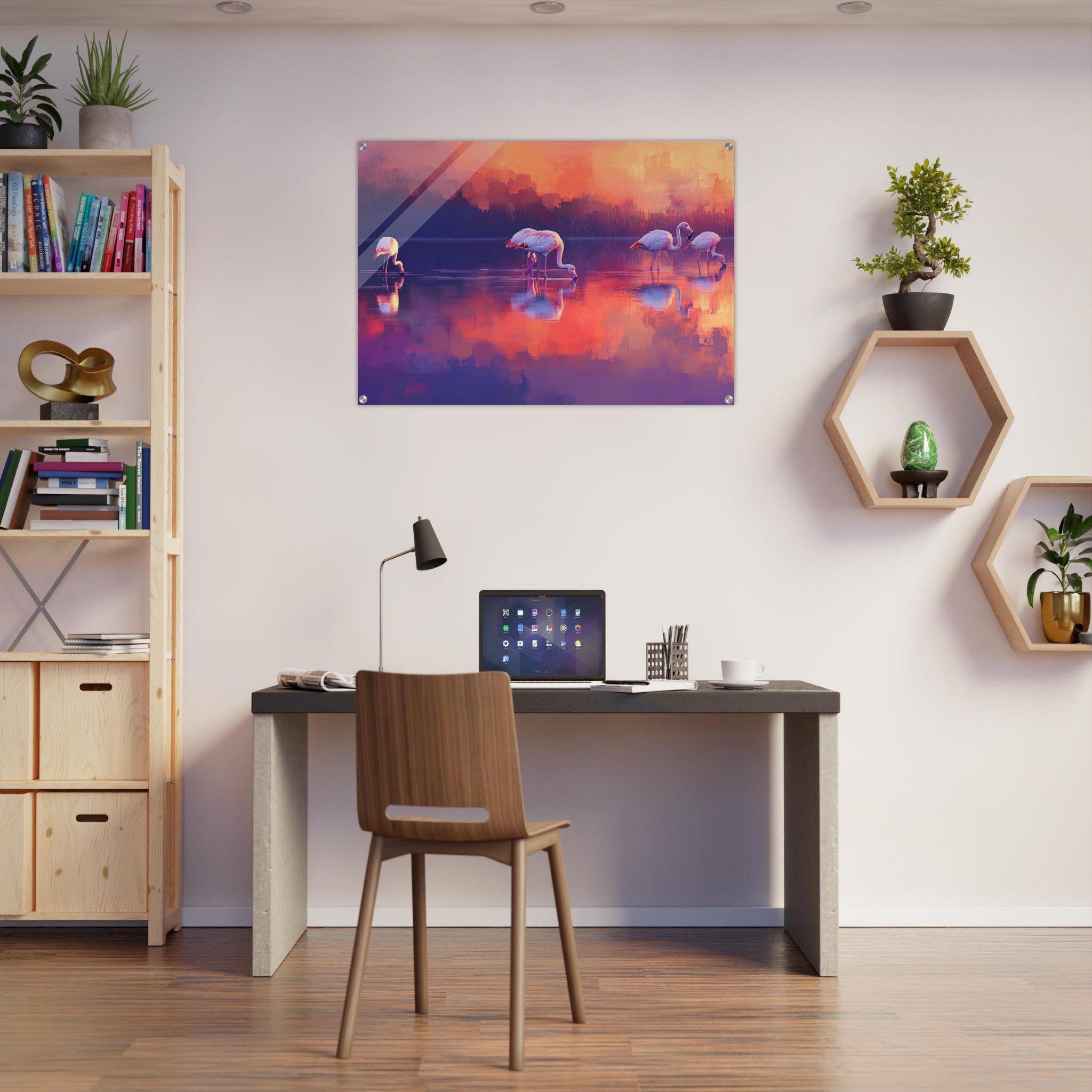 Acrylic Print Landscape - Surreal Flamingo Lake at Sunset Graceful flaming 2 - Shop Ai Art WebShop - Digital Art online Store