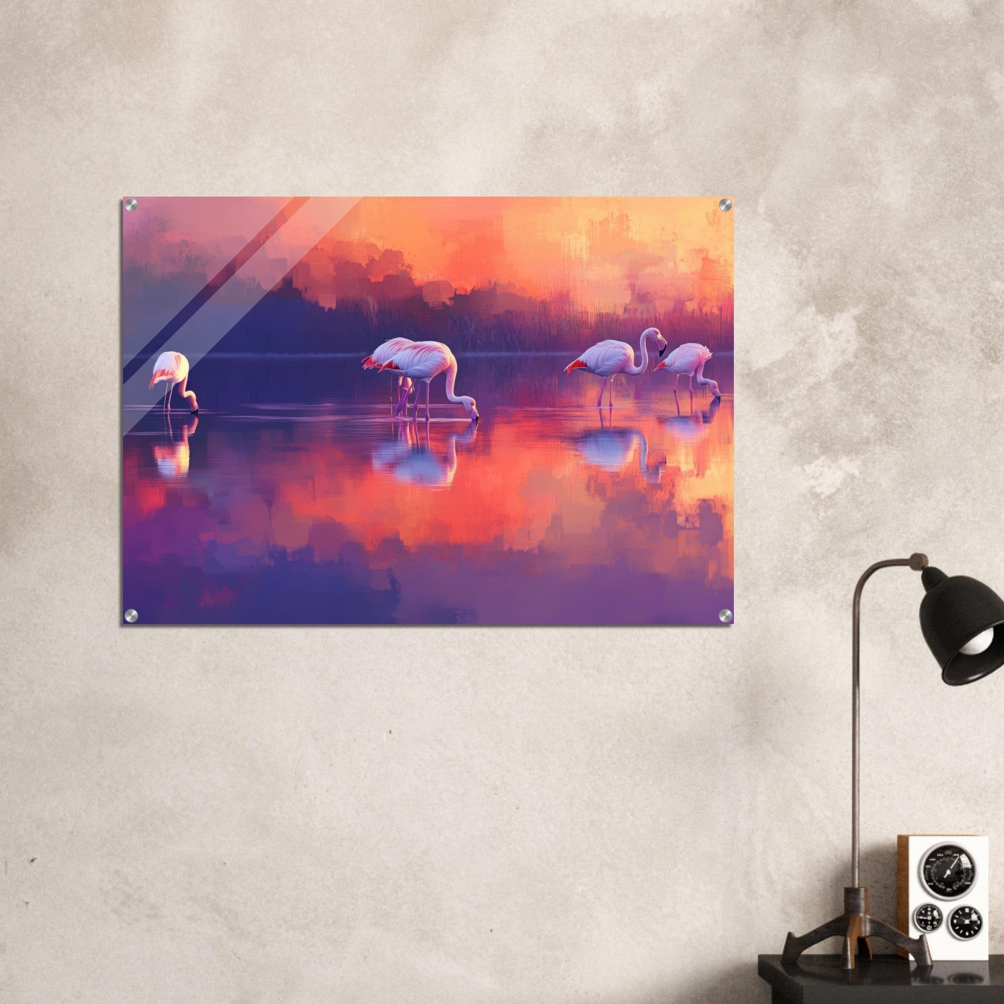 Acrylic Print Landscape - Surreal Flamingo Lake at Sunset Graceful flaming 2 - Shop Ai Art WebShop - Digital Art online Store