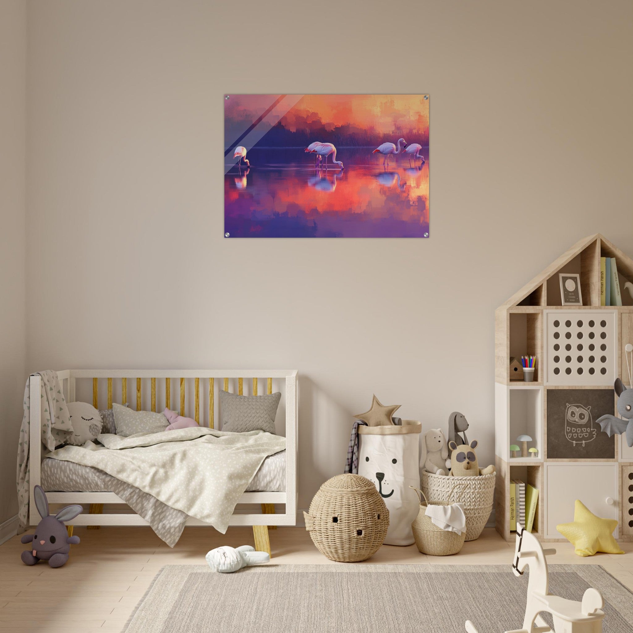 Acrylic Print Landscape - Surreal Flamingo Lake at Sunset Graceful flaming 2 - Shop Ai Art WebShop - Digital Art online Store