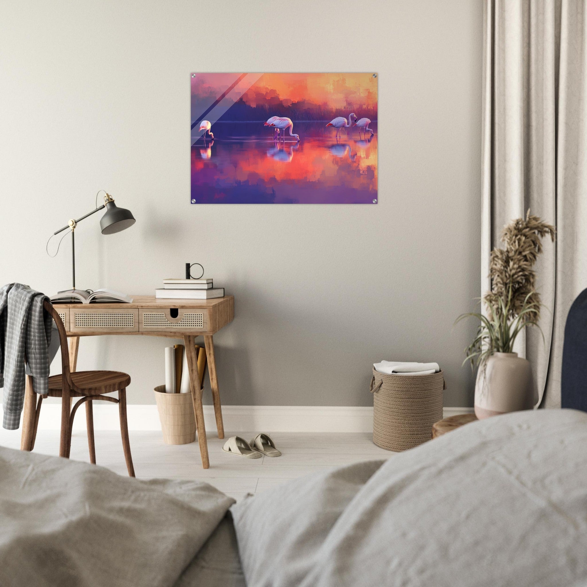 Acrylic Print Landscape - Surreal Flamingo Lake at Sunset Graceful flaming 2 - Shop Ai Art WebShop - Digital Art online Store