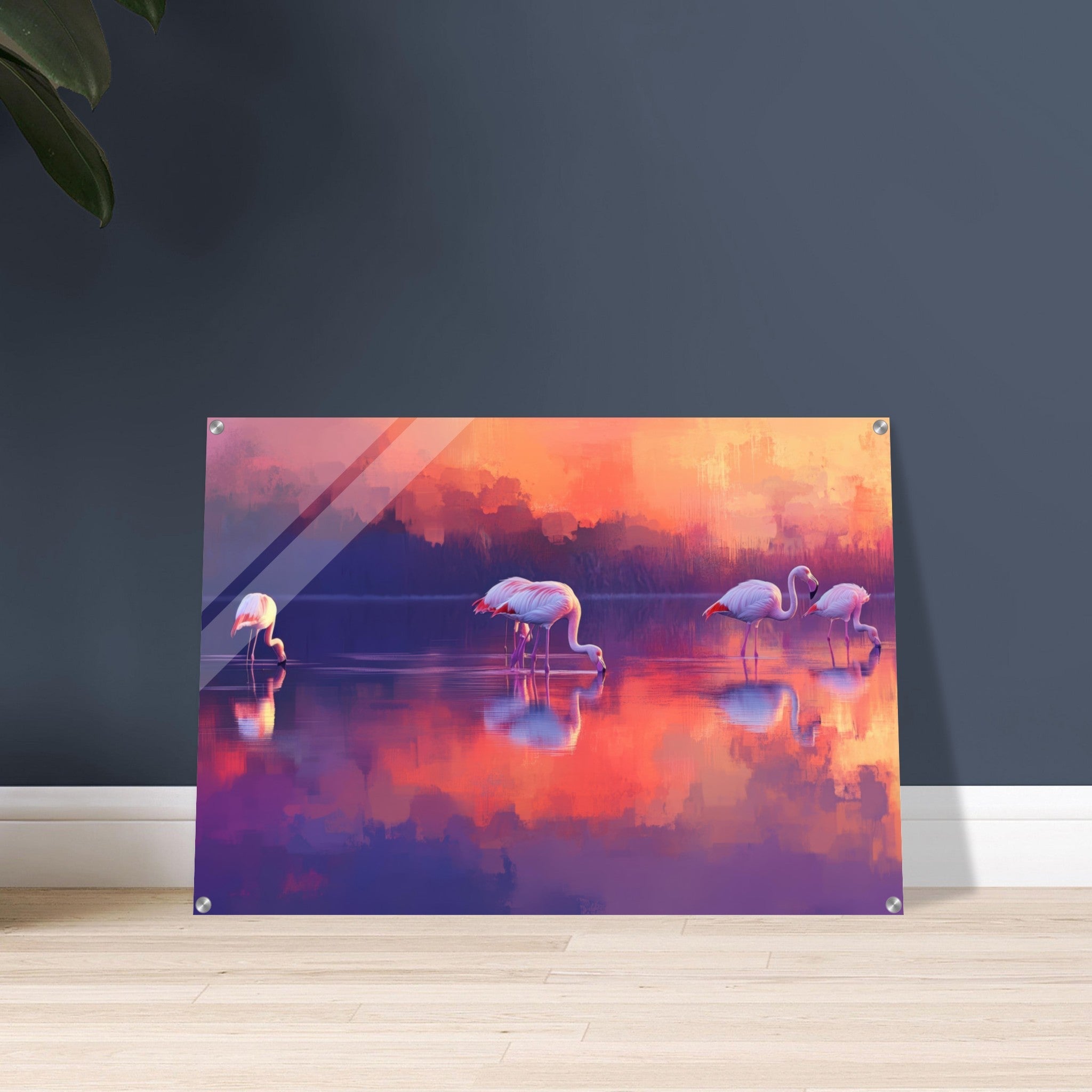 Acrylic Print Landscape - Surreal Flamingo Lake at Sunset Graceful flaming 2 - Shop Ai Art WebShop - Digital Art online Store
