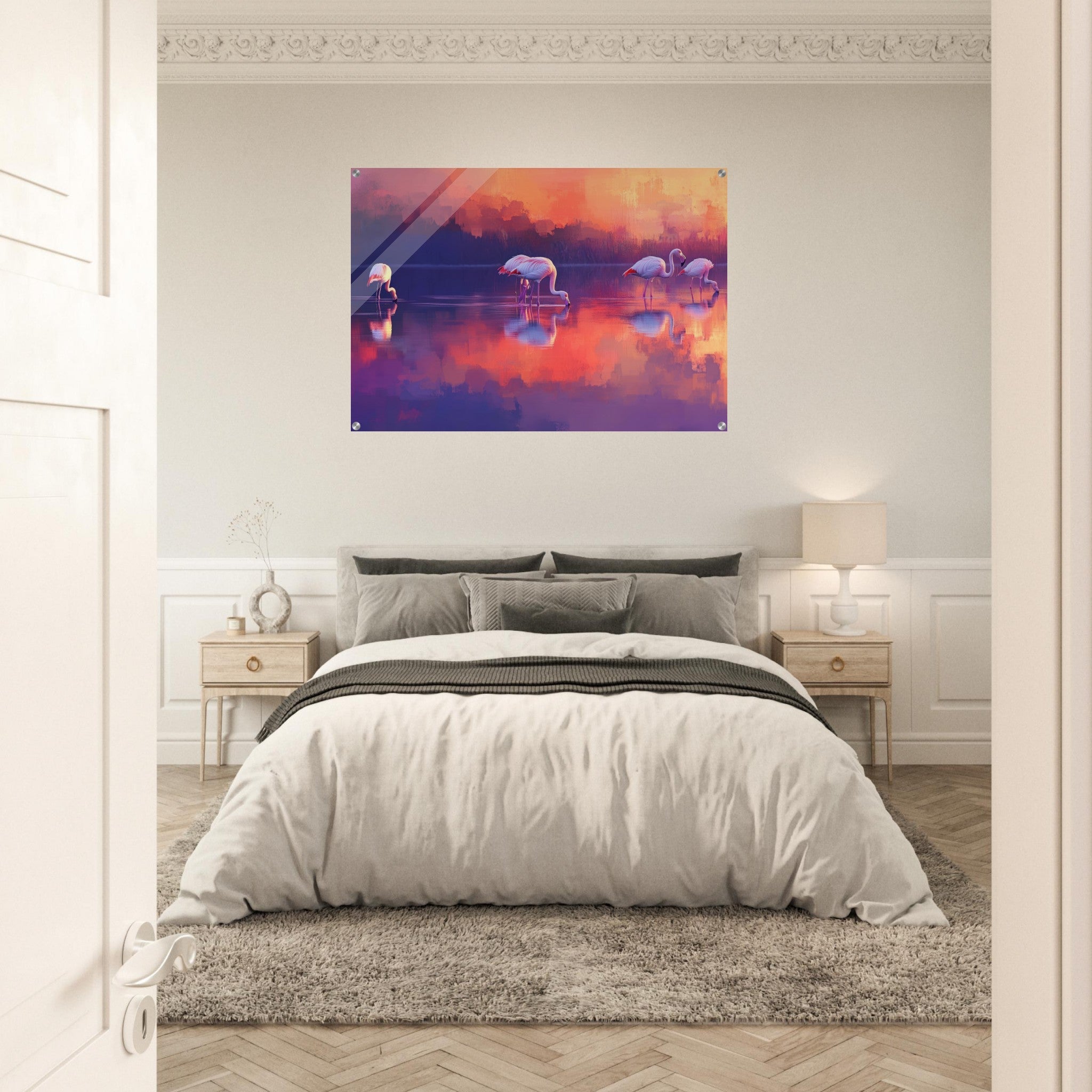 Acrylic Print Landscape - Surreal Flamingo Lake at Sunset Graceful flaming 2 - Shop Ai Art WebShop - Digital Art online Store