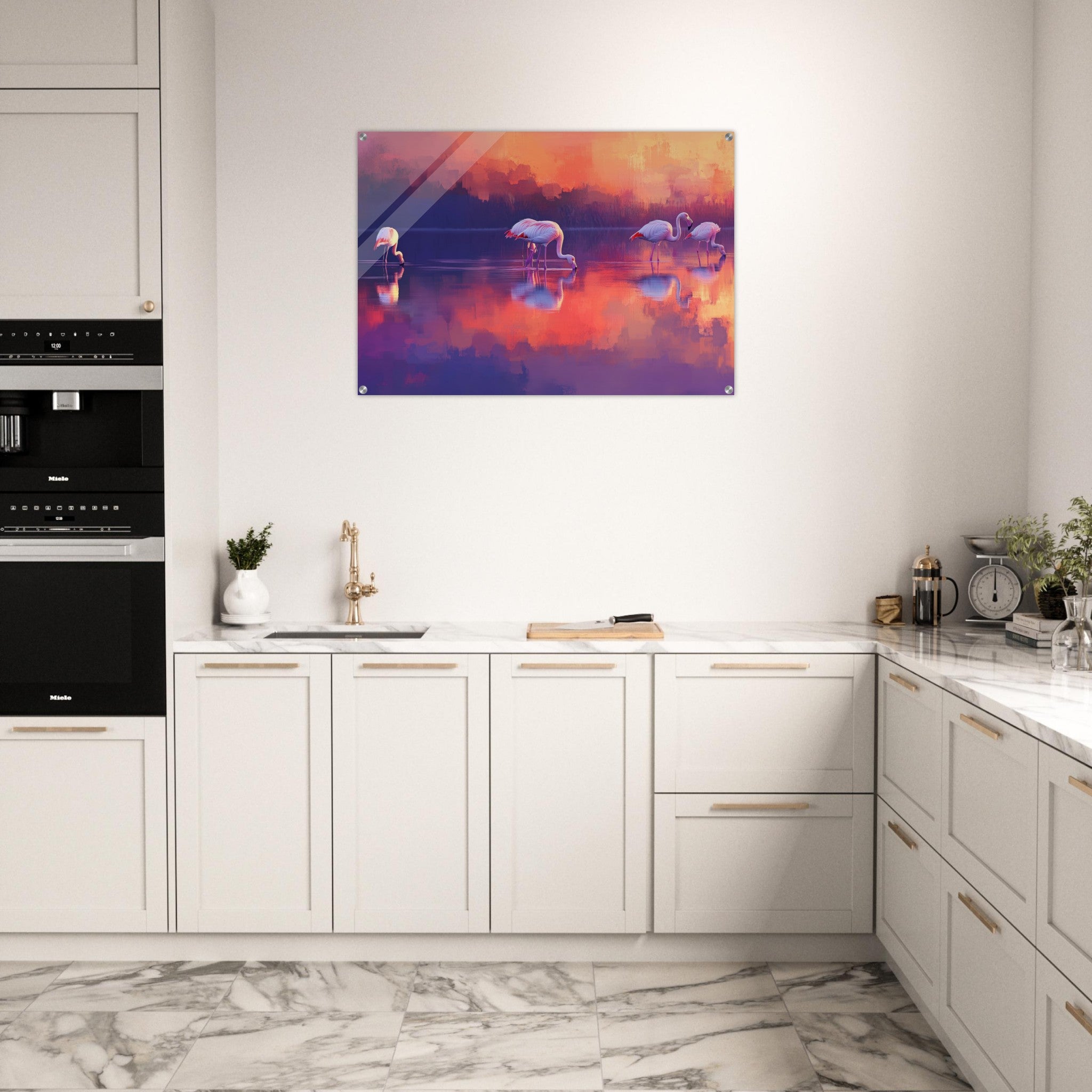 Acrylic Print Landscape - Surreal Flamingo Lake at Sunset Graceful flaming 2 - Shop Ai Art WebShop - Digital Art online Store