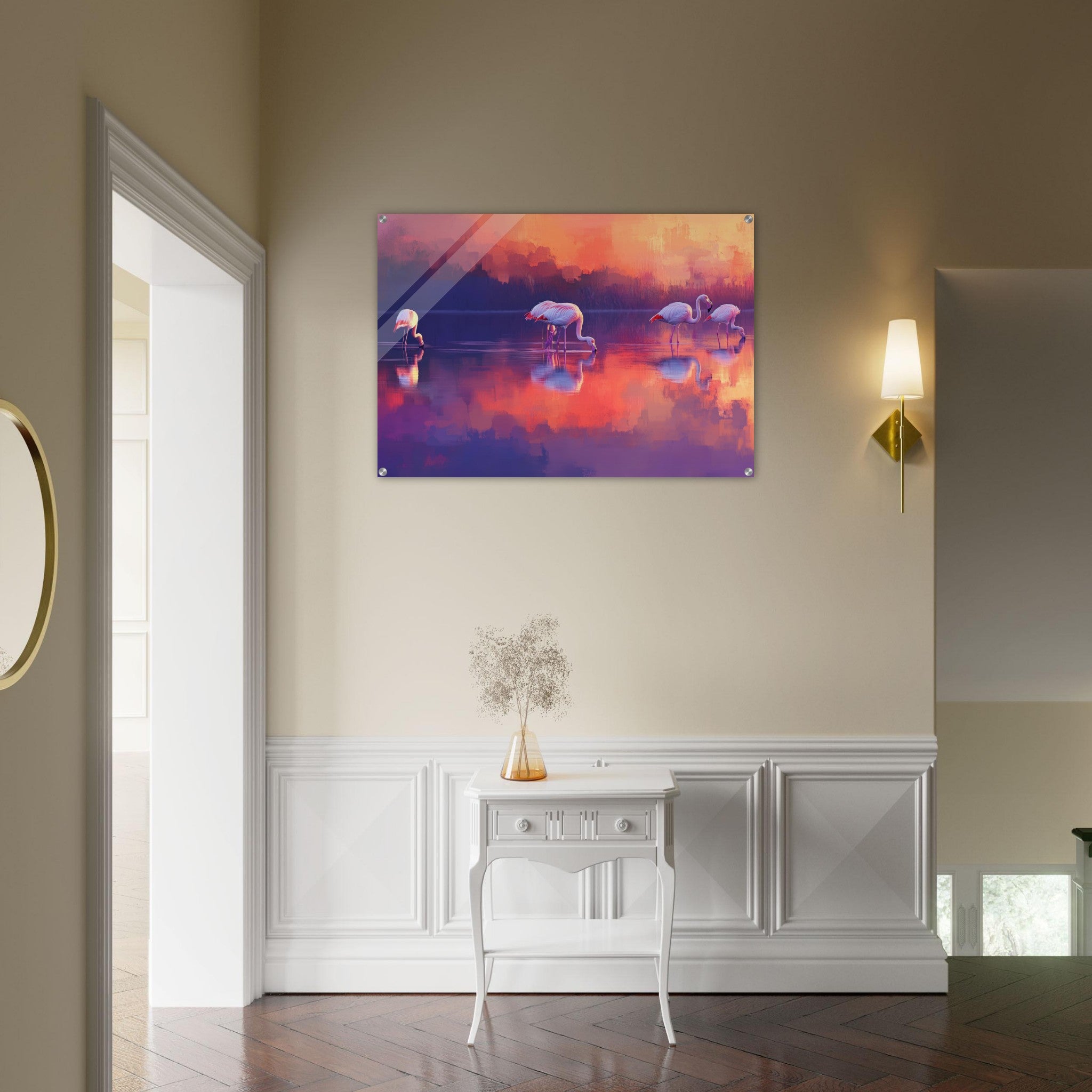 Acrylic Print Landscape - Surreal Flamingo Lake at Sunset Graceful flaming 2 - Shop Ai Art WebShop - Digital Art online Store