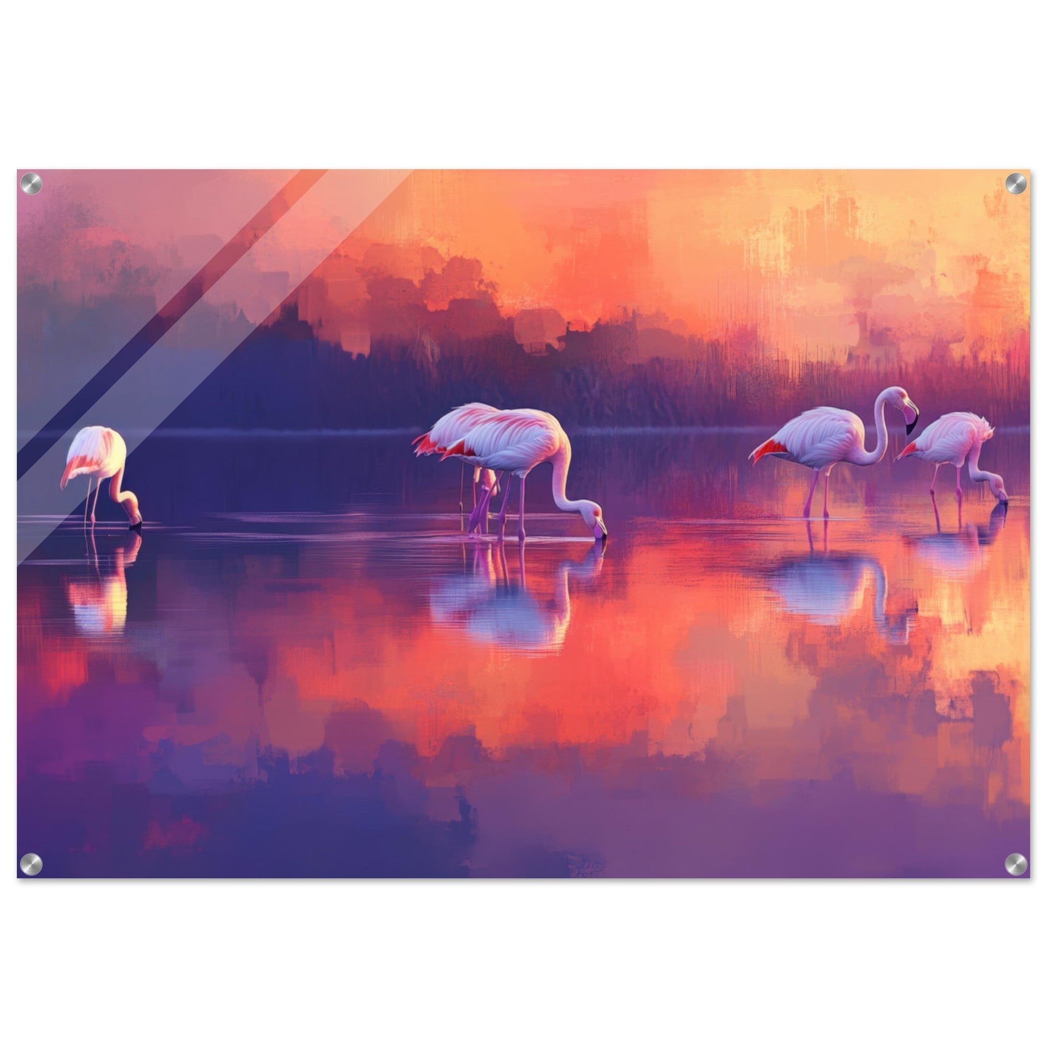 Acrylic Print Landscape - Surreal Flamingo Lake at Sunset Graceful flaming 2 - Shop Ai Art WebShop - Digital Art online Store