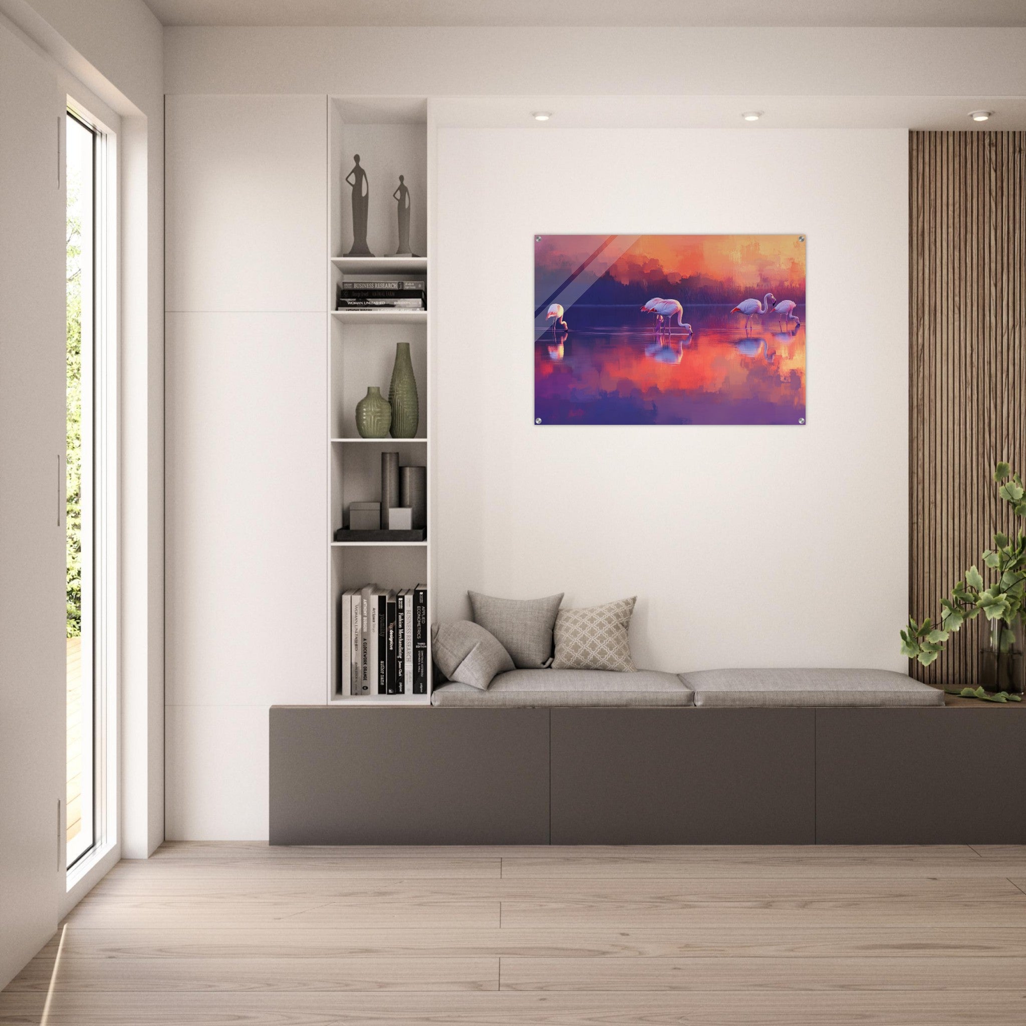 Acrylic Print Landscape - Surreal Flamingo Lake at Sunset Graceful flaming 2 - Shop Ai Art WebShop - Digital Art online Store