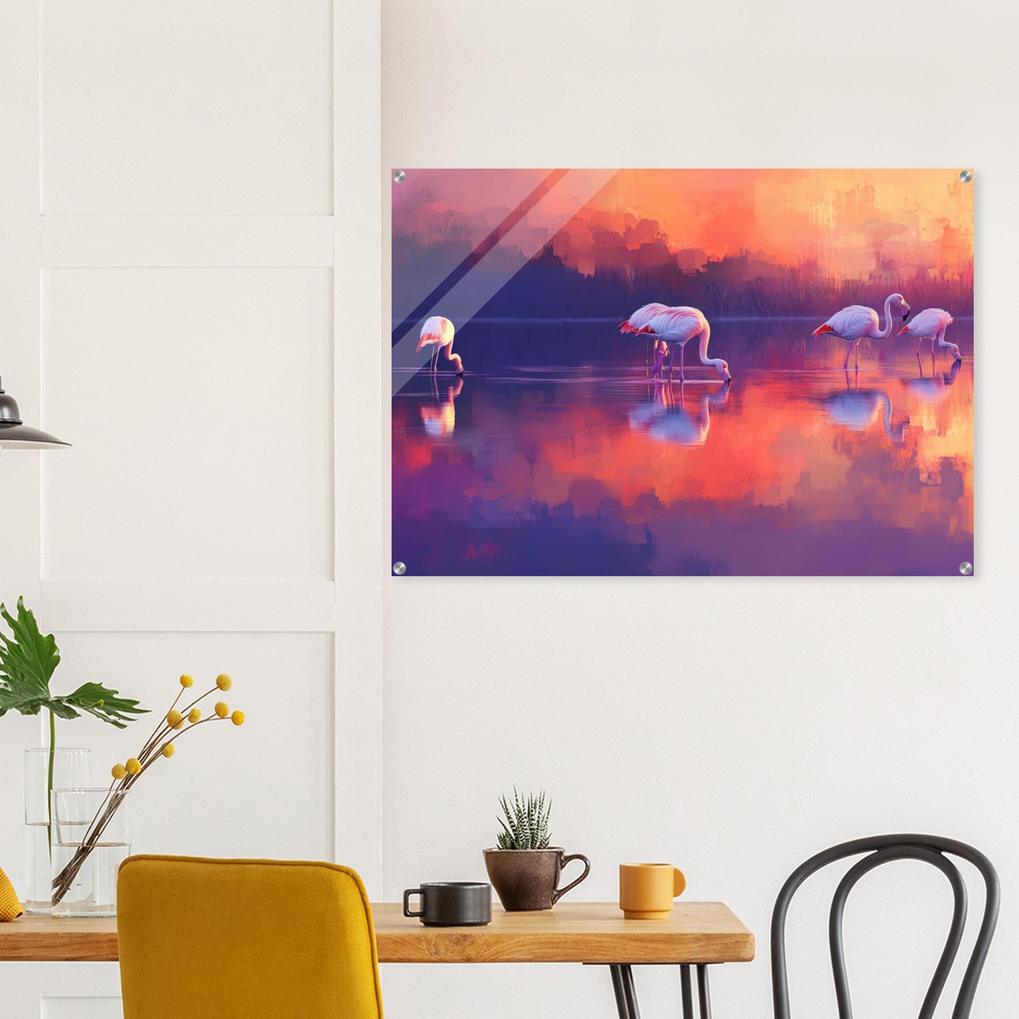 Acrylic Print Landscape - Surreal Flamingo Lake at Sunset Graceful flaming 2 - Shop Ai Art WebShop - Digital Art online Store