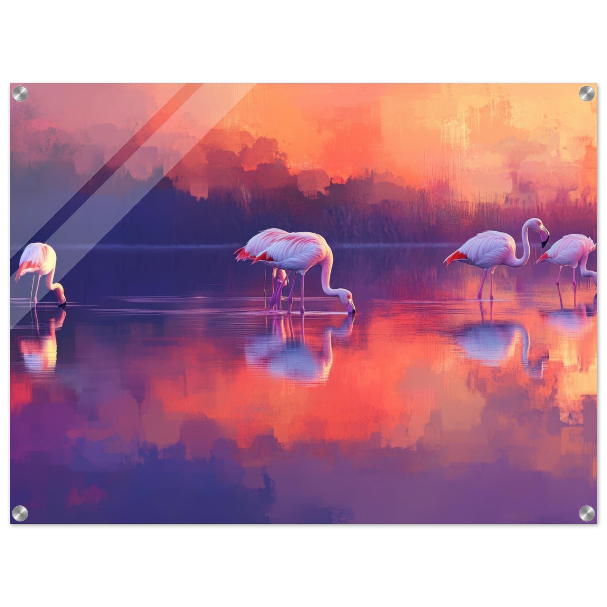 Acrylic Print Landscape - Surreal Flamingo Lake at Sunset Graceful flaming 2 - Shop Ai Art WebShop - Digital Art online Store