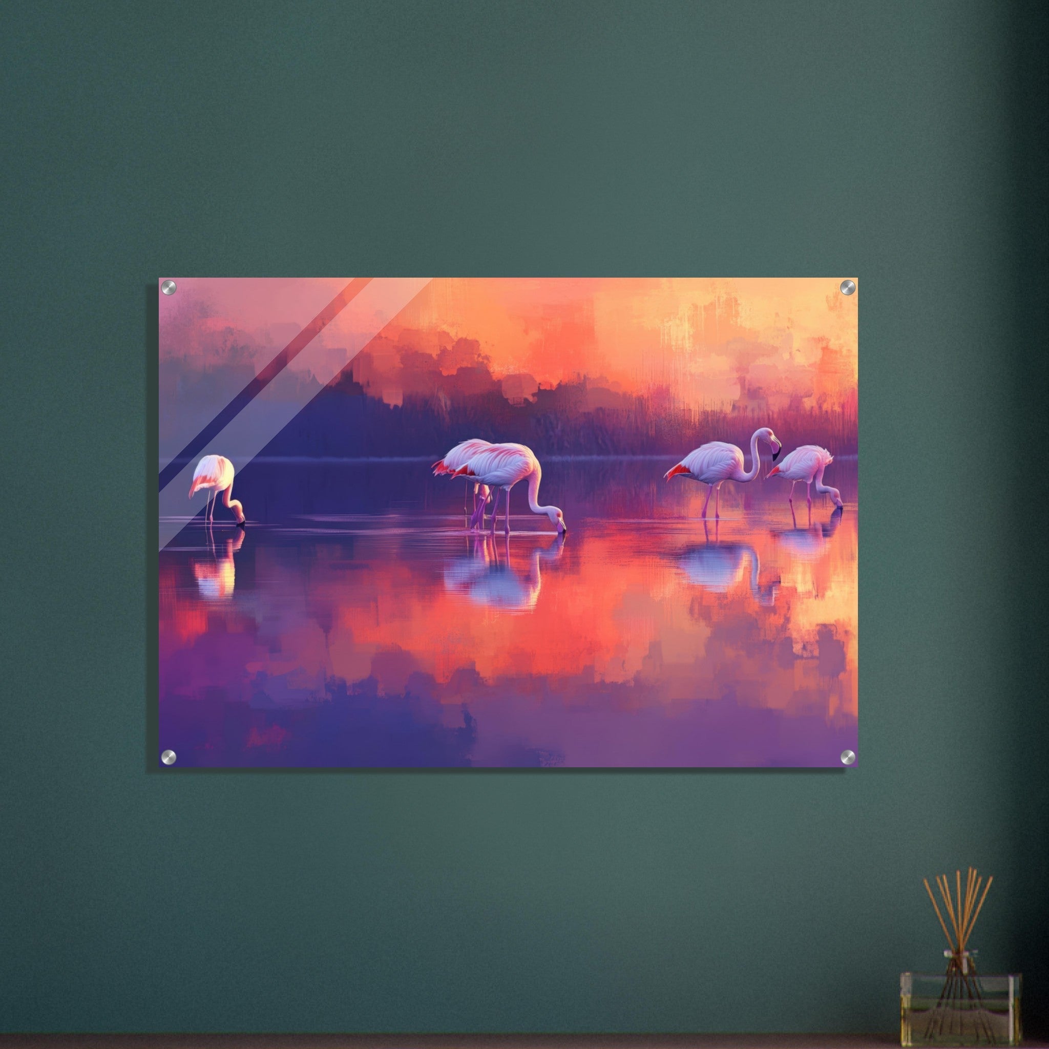 Acrylic Print Landscape - Surreal Flamingo Lake at Sunset Graceful flaming 2 - Shop Ai Art WebShop - Digital Art online Store