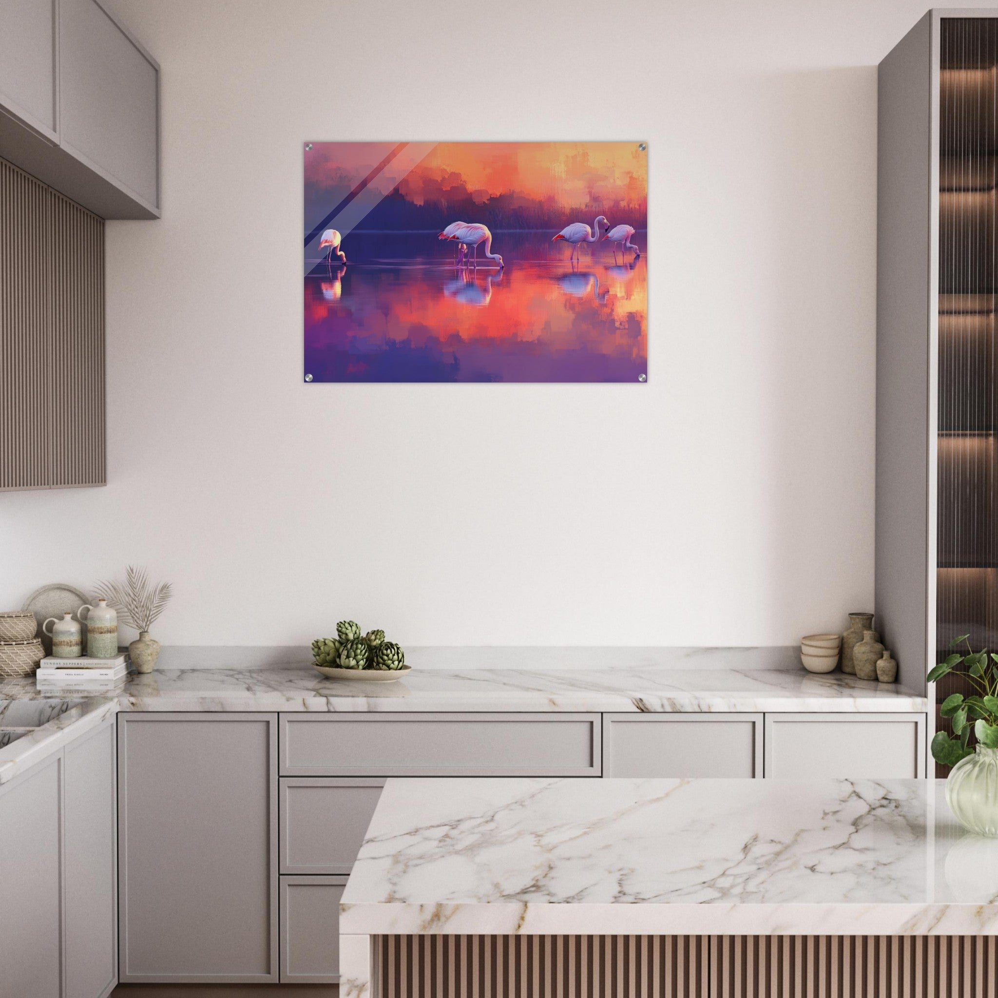 Acrylic Print Landscape - Surreal Flamingo Lake at Sunset Graceful flaming 2 - Shop Ai Art WebShop - Digital Art online Store