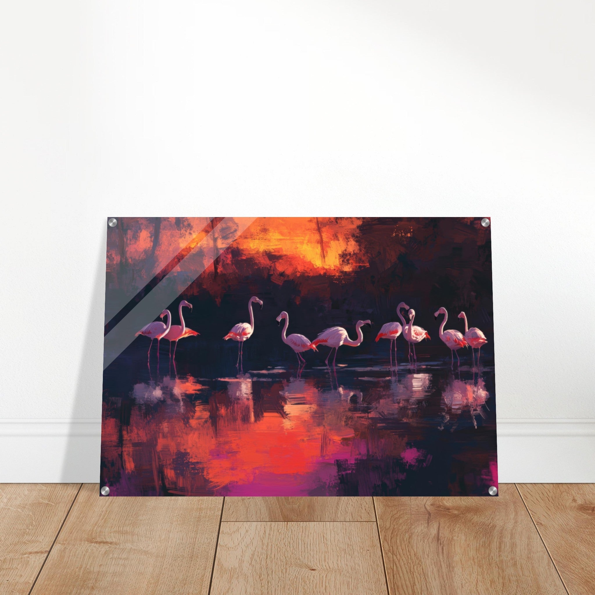 Acrylic Print Landscape - Surreal Flamingo Lake at Sunset Graceful flaming - Shop Ai Art WebShop - Digital Art online Store