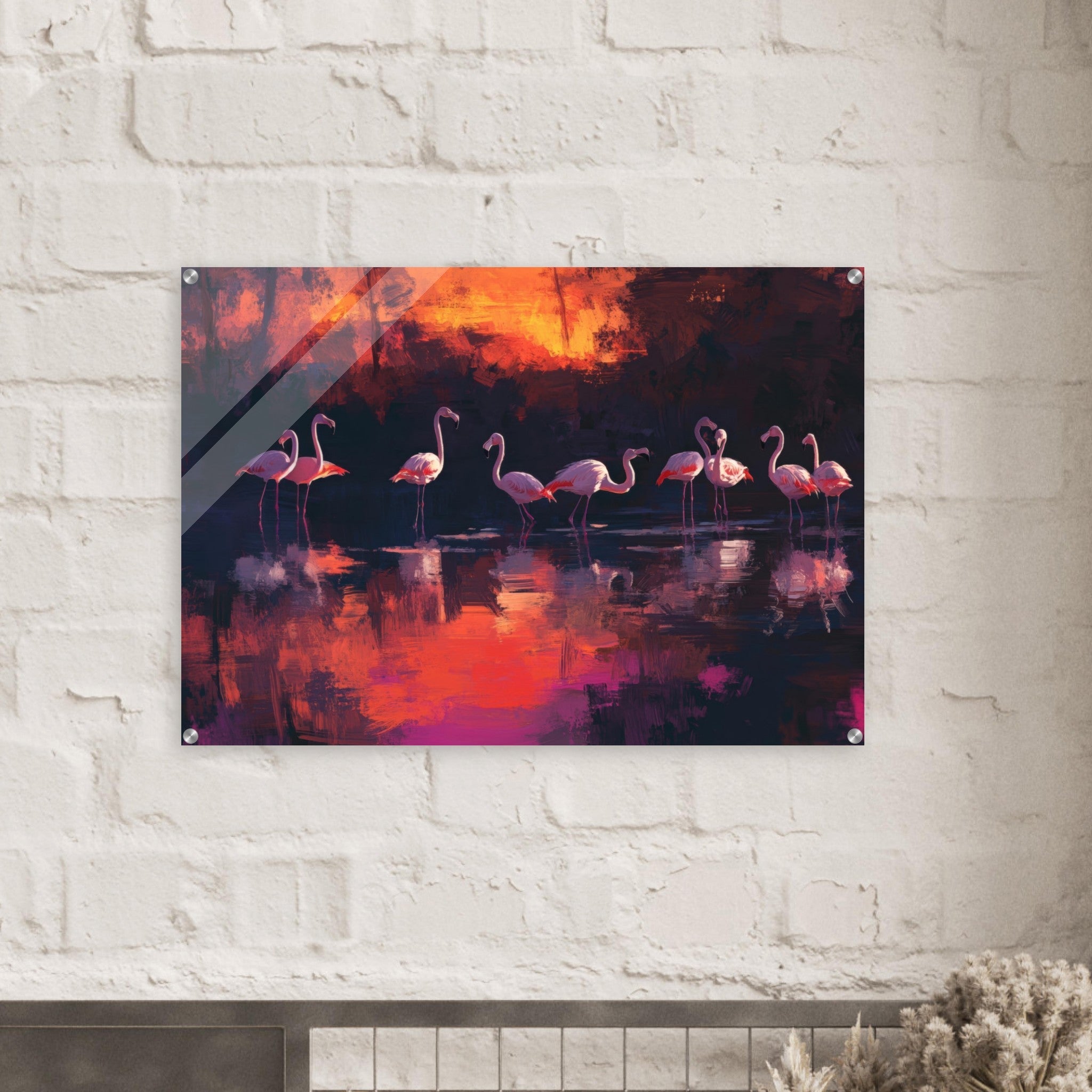 Acrylic Print Landscape - Surreal Flamingo Lake at Sunset Graceful flaming - Shop Ai Art WebShop - Digital Art online Store