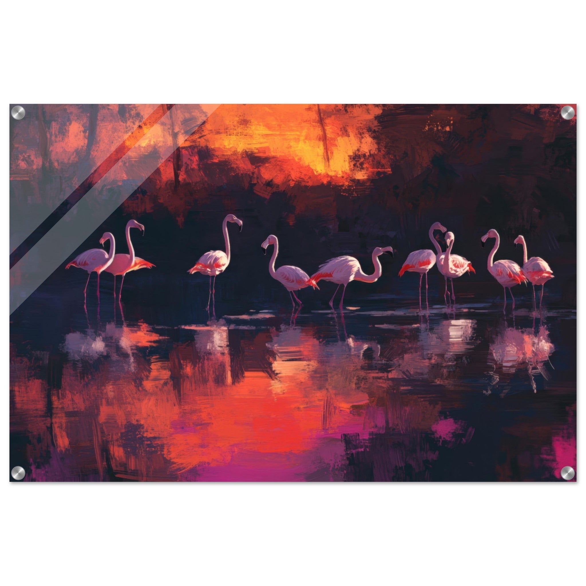 Acrylic Print Landscape - Surreal Flamingo Lake at Sunset Graceful flaming - Shop Ai Art WebShop - Digital Art online Store