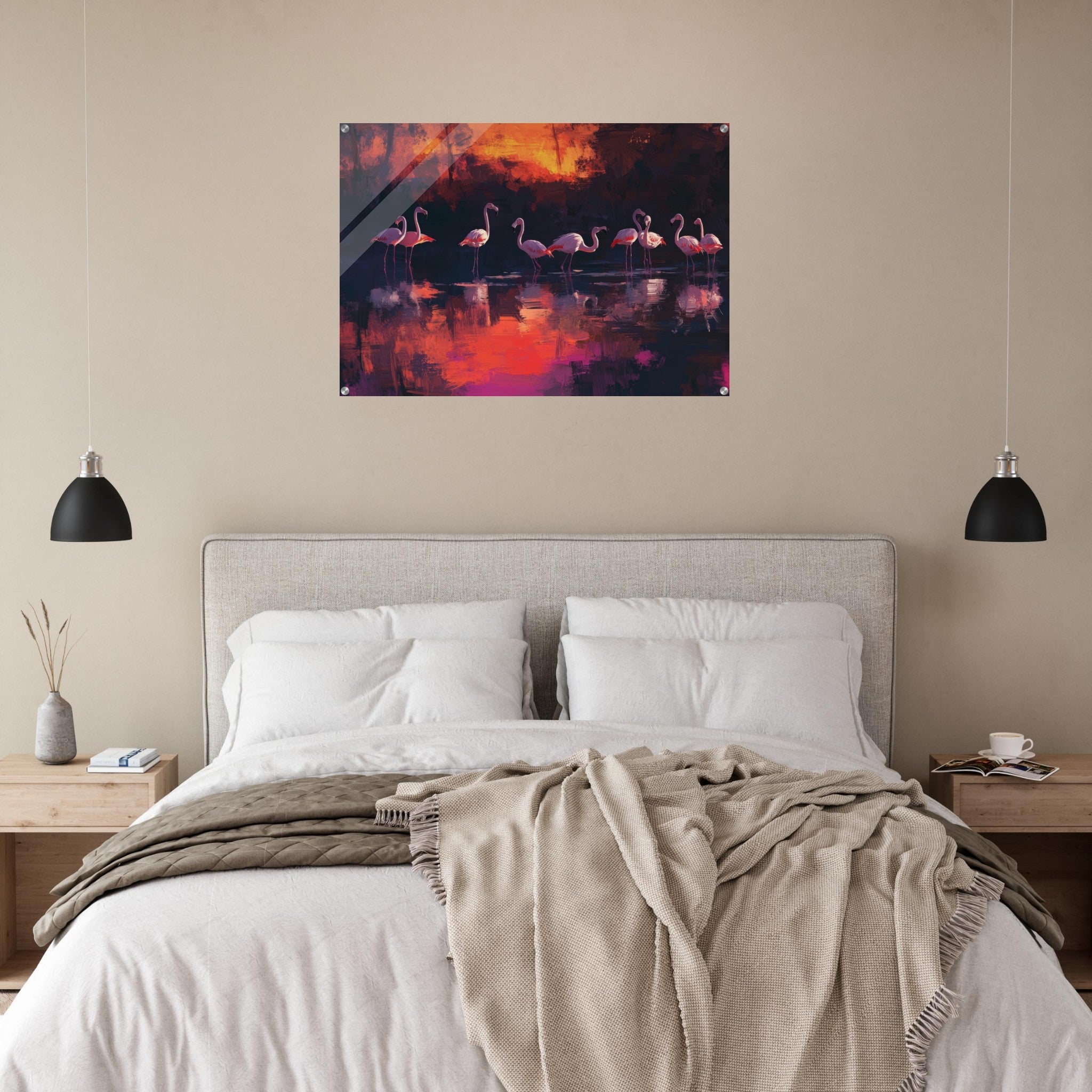 Acrylic Print Landscape - Surreal Flamingo Lake at Sunset Graceful flaming - Shop Ai Art WebShop - Digital Art online Store