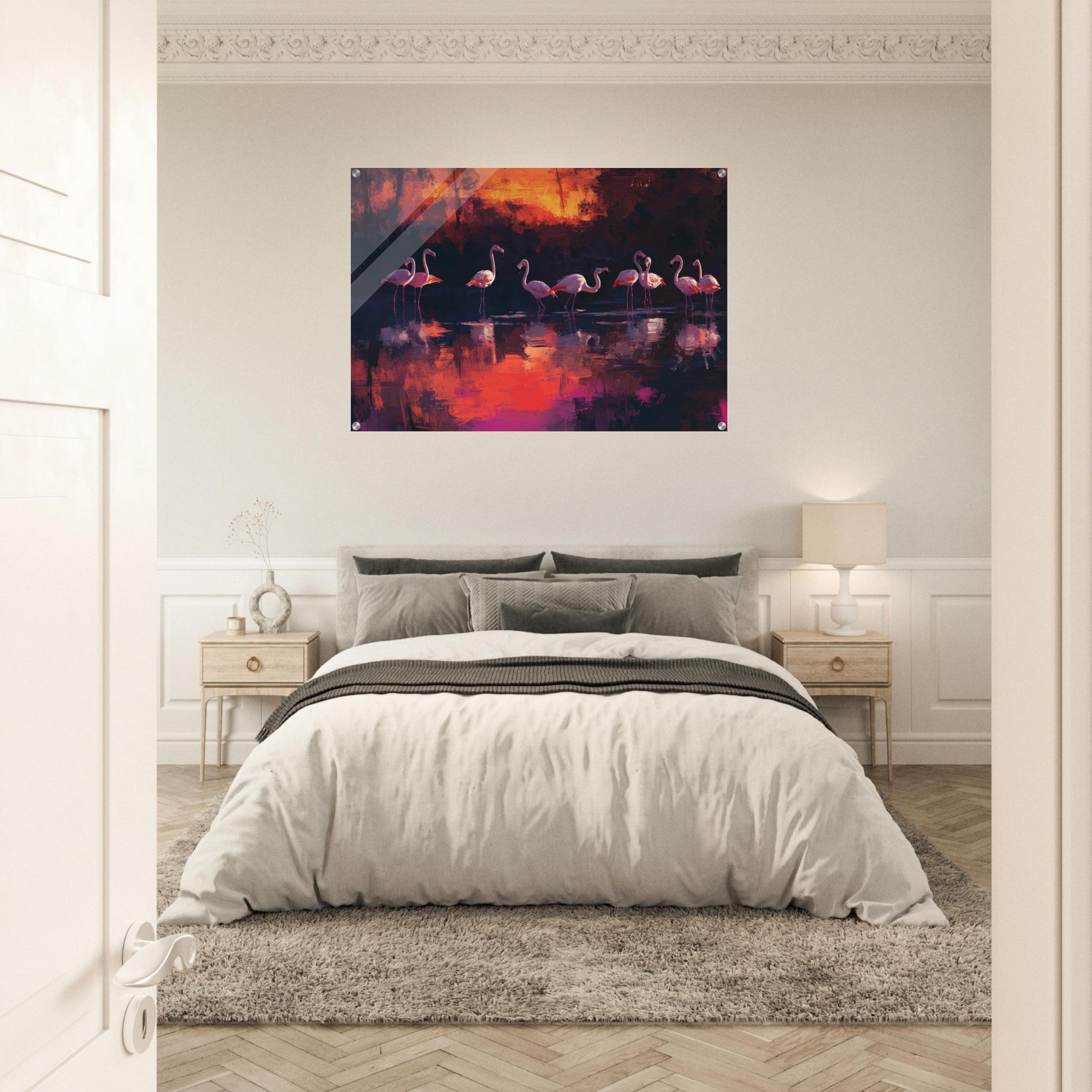 Acrylic Print Landscape - Surreal Flamingo Lake at Sunset Graceful flaming - Shop Ai Art WebShop - Digital Art online Store