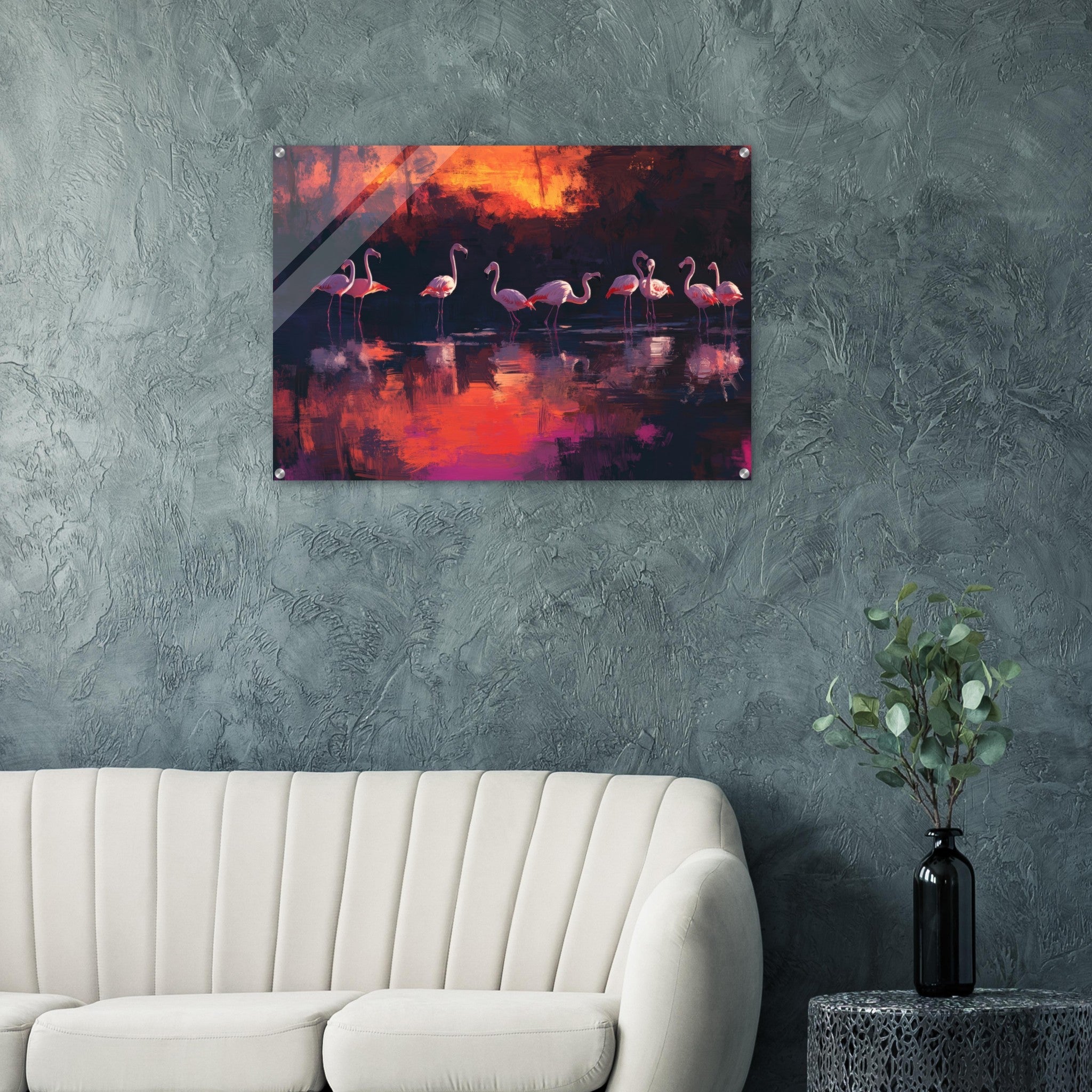 Acrylic Print Landscape - Surreal Flamingo Lake at Sunset Graceful flaming - Shop Ai Art WebShop - Digital Art online Store