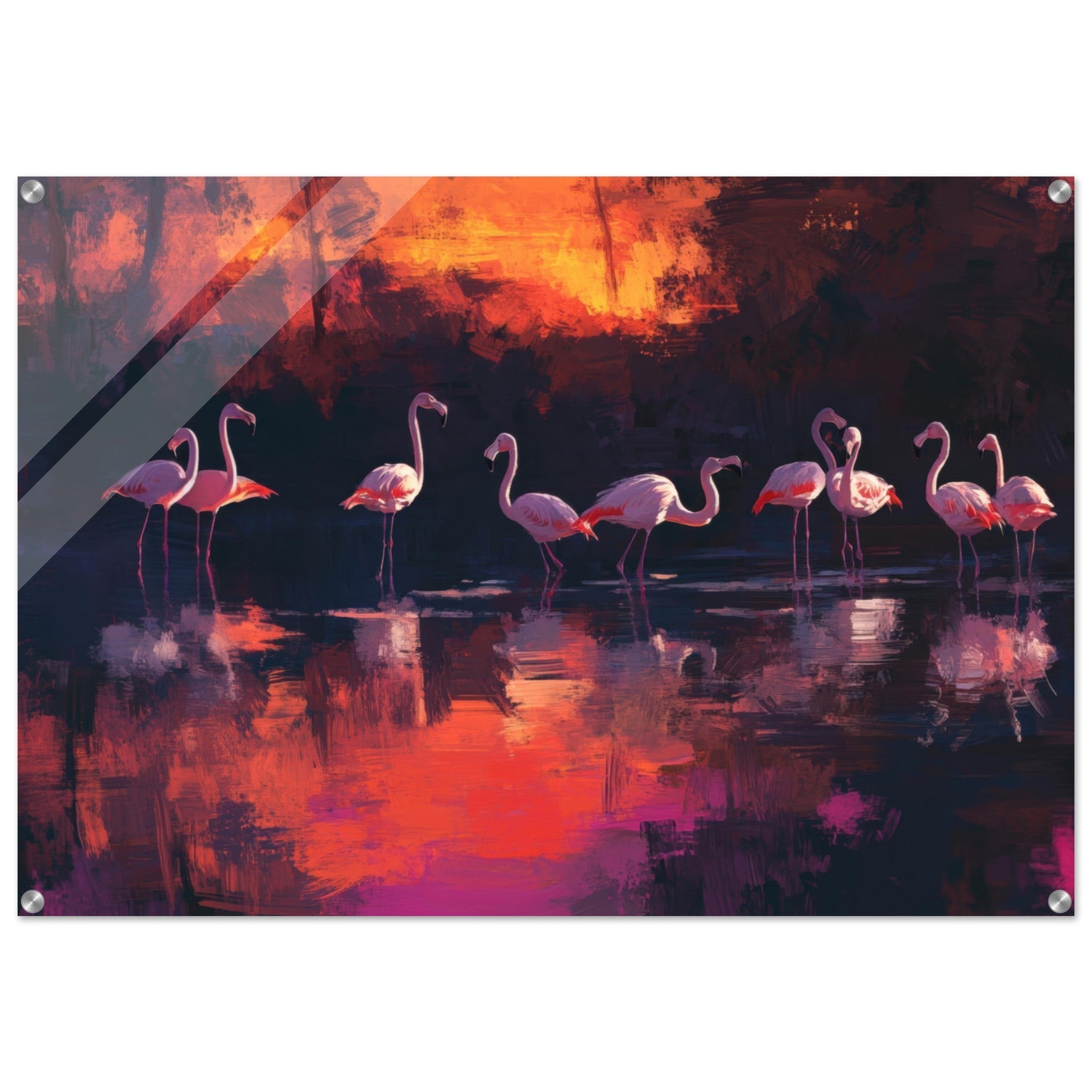 Acrylic Print Landscape - Surreal Flamingo Lake at Sunset Graceful flaming - Shop Ai Art WebShop - Digital Art online Store