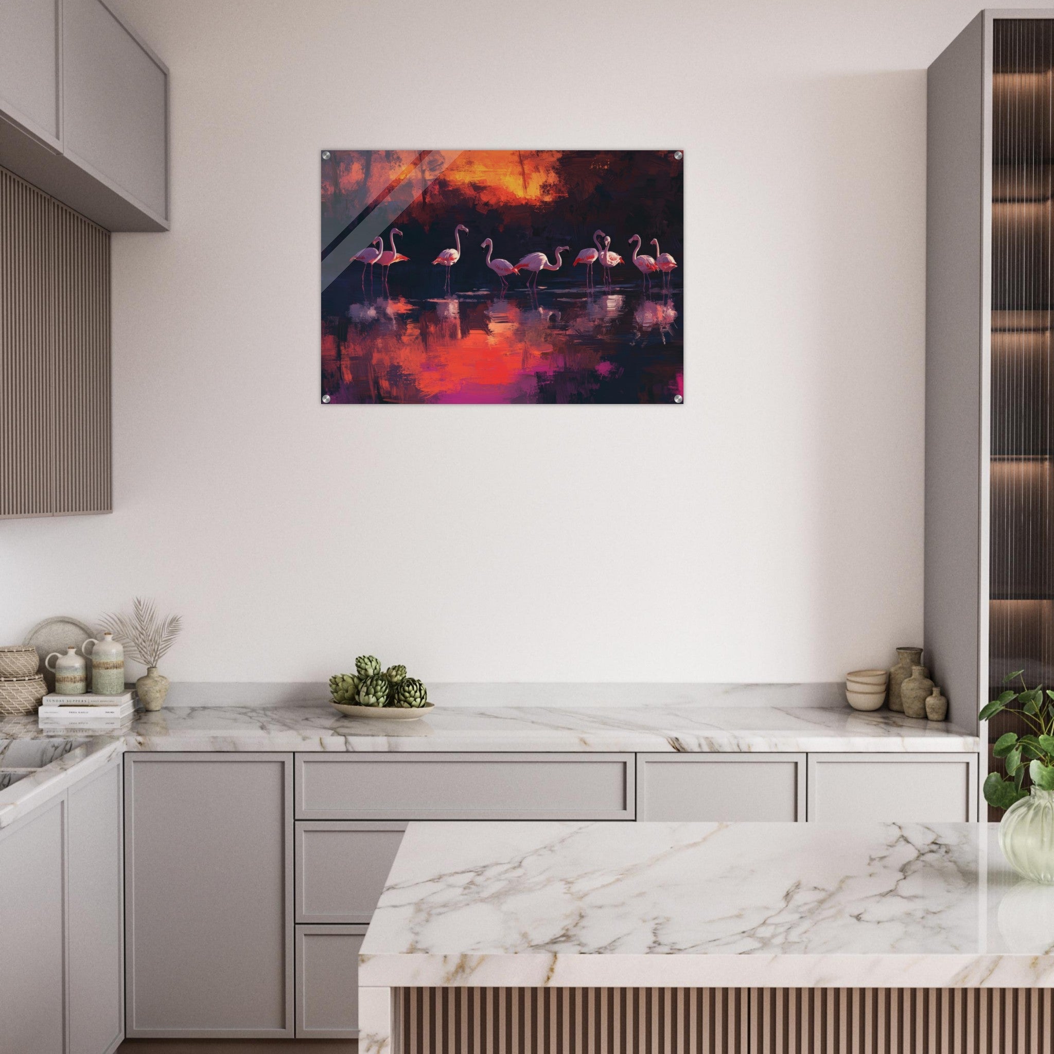 Acrylic Print Landscape - Surreal Flamingo Lake at Sunset Graceful flaming - Shop Ai Art WebShop - Digital Art online Store