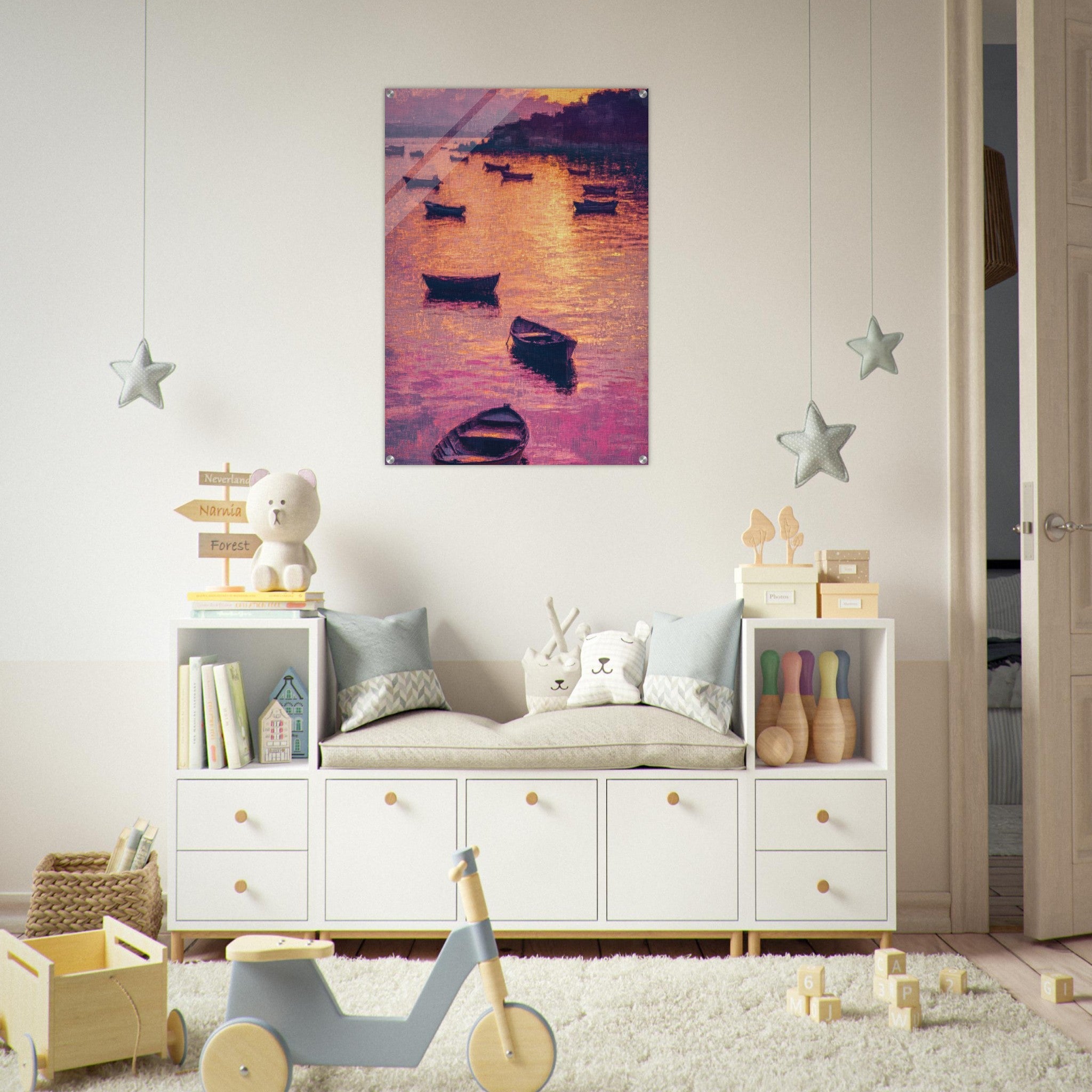 Acrylic Print Portrait - Boats at Dusk A harbor filled with gently rocky - Ai Art Force