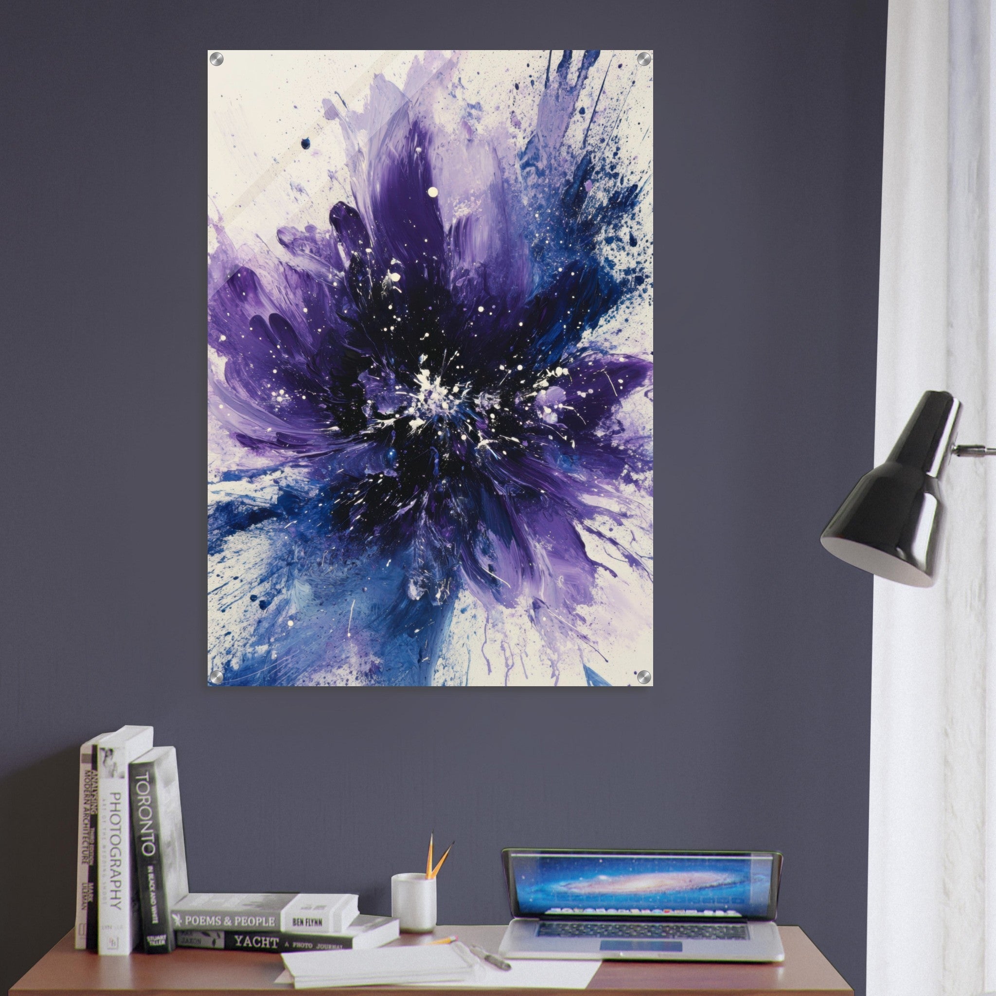 Acrylic Print Portrait - Cosmic Bloom An abstract explosion of deep purple - Shop Ai Art WebShop - Digital Art online Store