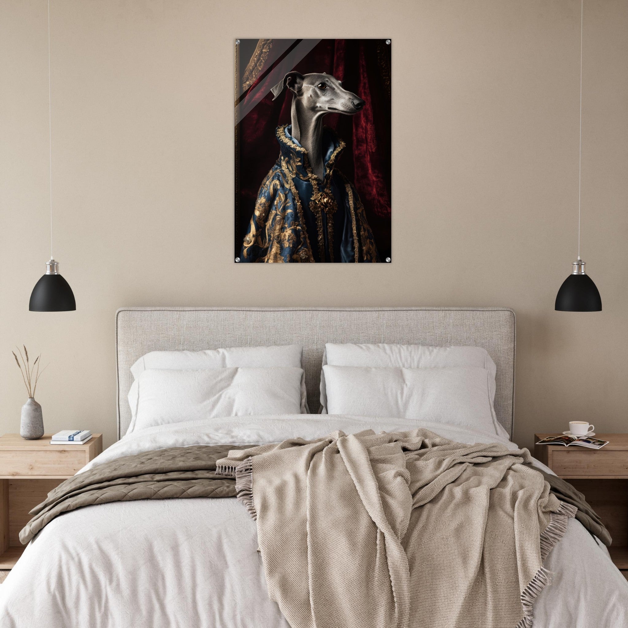 Acrylic Print Portrait - Elegant Baroque Greyhound Portrait A sleek grey 2 - Ai Art Force