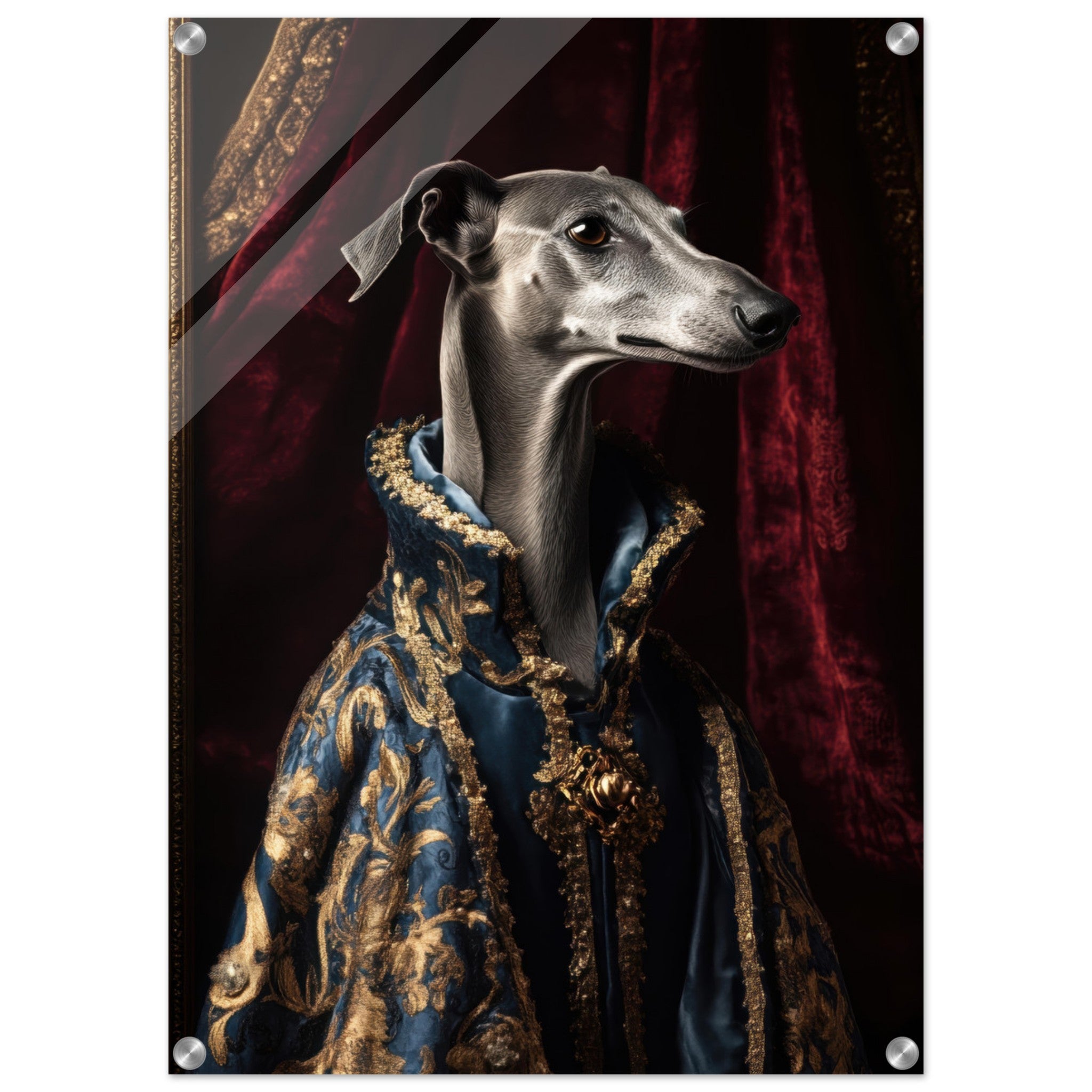 Acrylic Print Portrait - Elegant Baroque Greyhound Portrait A sleek grey 2 - Ai Art Force
