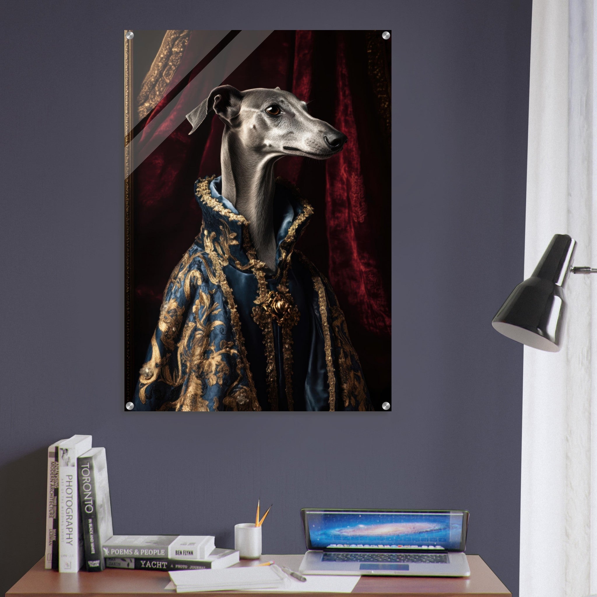 Acrylic Print Portrait - Elegant Baroque Greyhound Portrait A sleek grey 2 - Ai Art Force