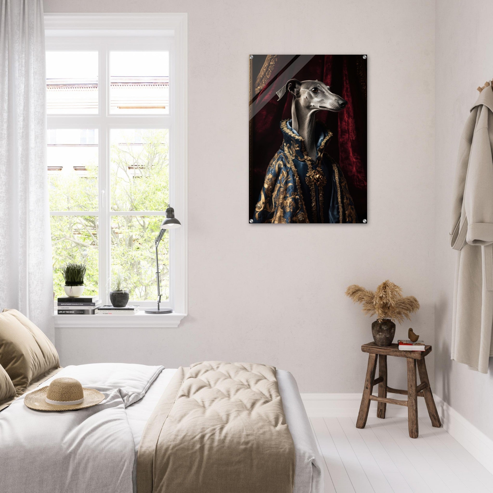 Acrylic Print Portrait - Elegant Baroque Greyhound Portrait A sleek grey 2 - Ai Art Force