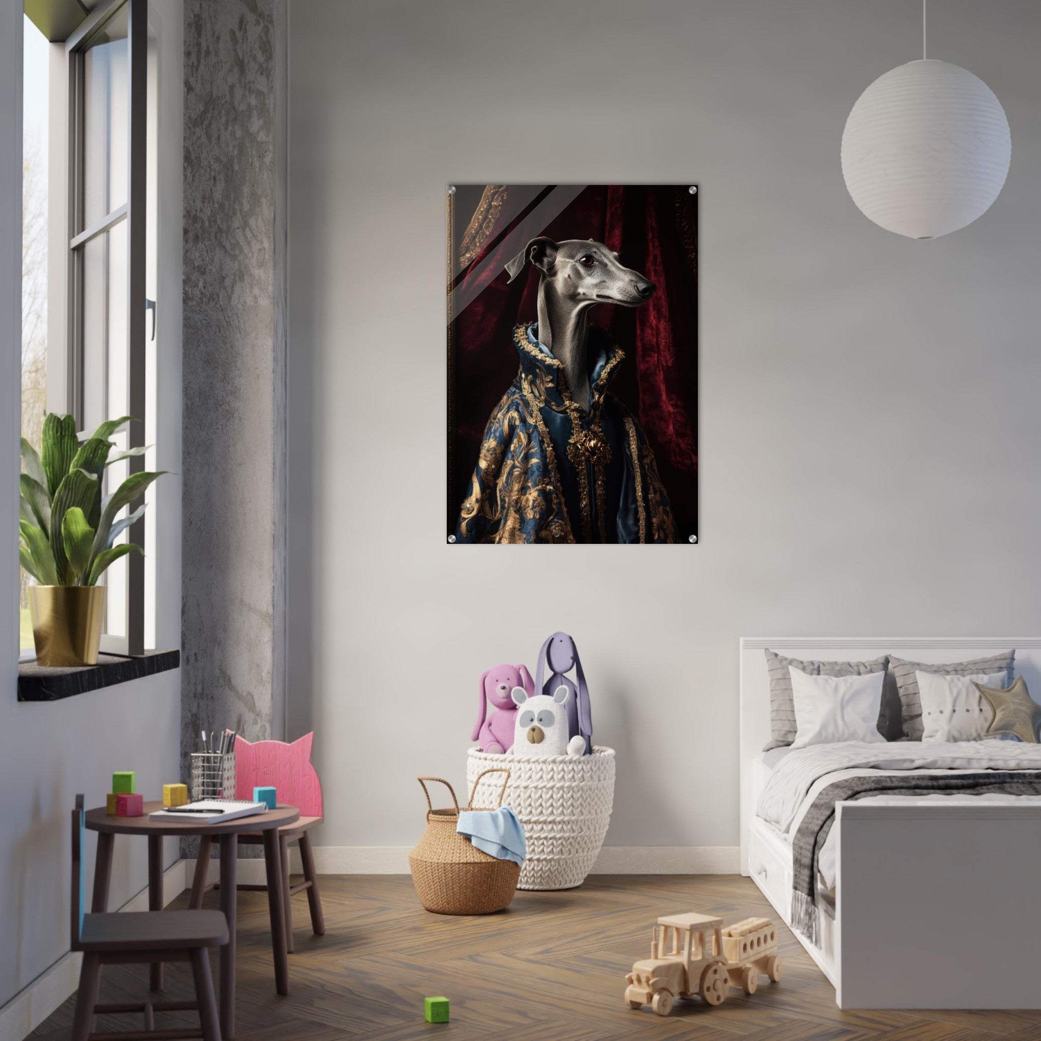 Acrylic Print Portrait - Elegant Baroque Greyhound Portrait A sleek grey 2 - Ai Art Force