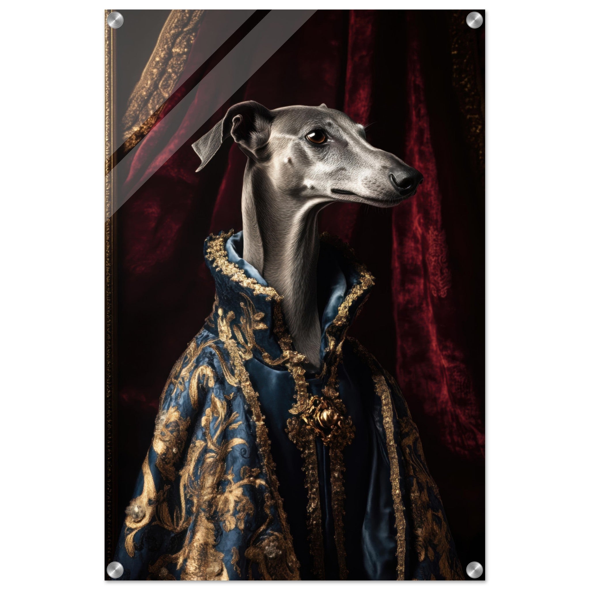 Acrylic Print Portrait - Elegant Baroque Greyhound Portrait A sleek grey 2 - Ai Art Force