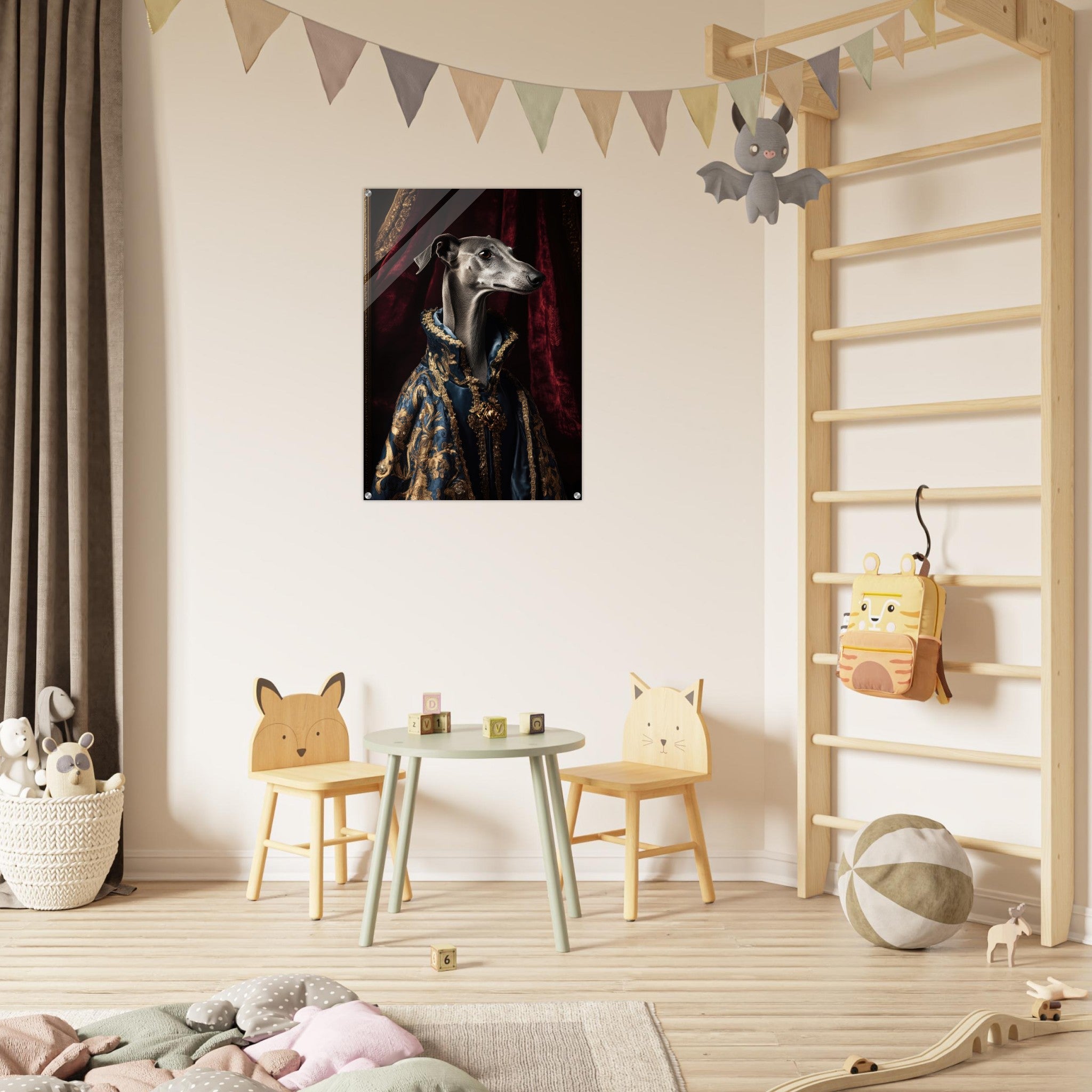 Acrylic Print Portrait - Elegant Baroque Greyhound Portrait A sleek grey 2 - Ai Art Force