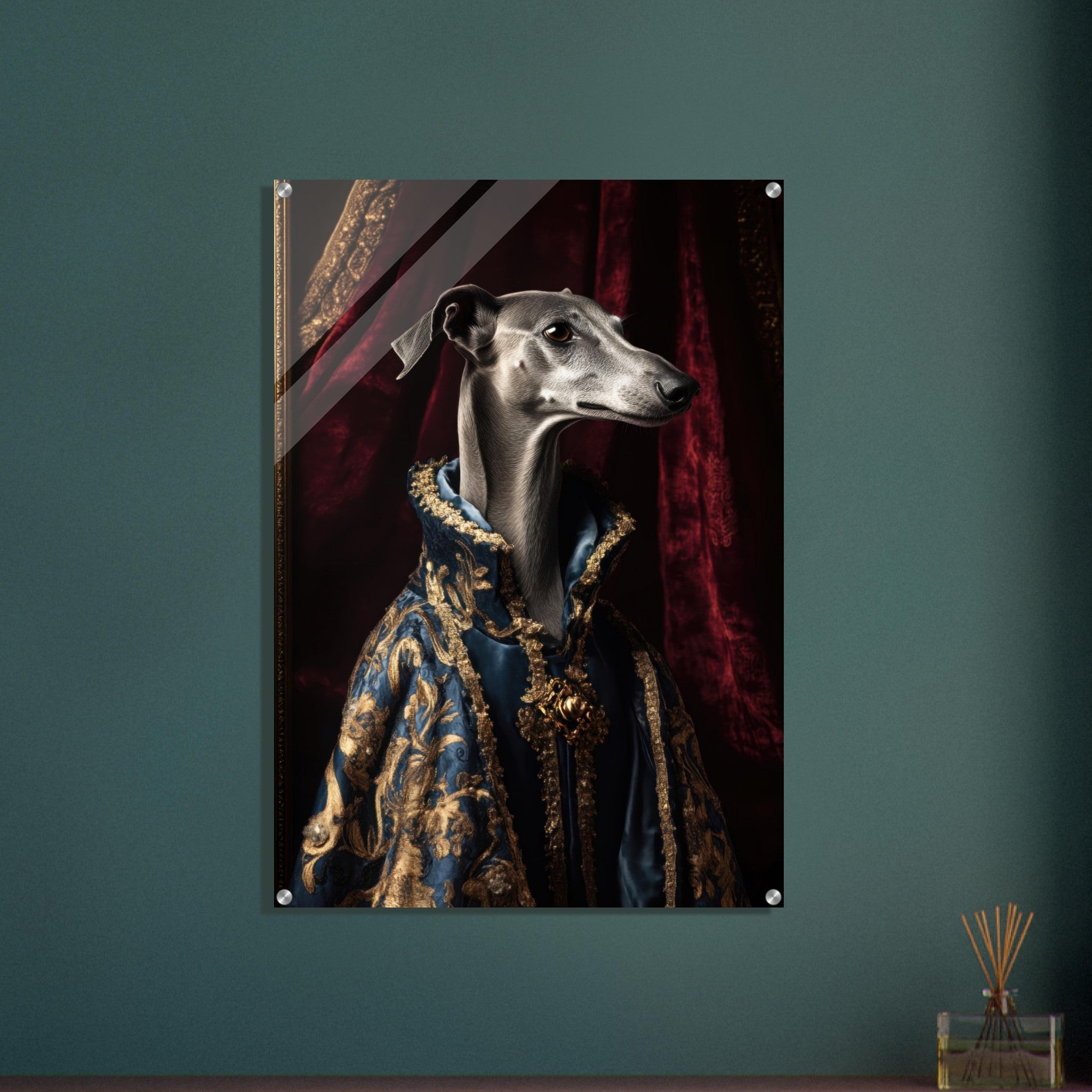 Acrylic Print Portrait - Elegant Baroque Greyhound Portrait A sleek grey 2 - Ai Art Force