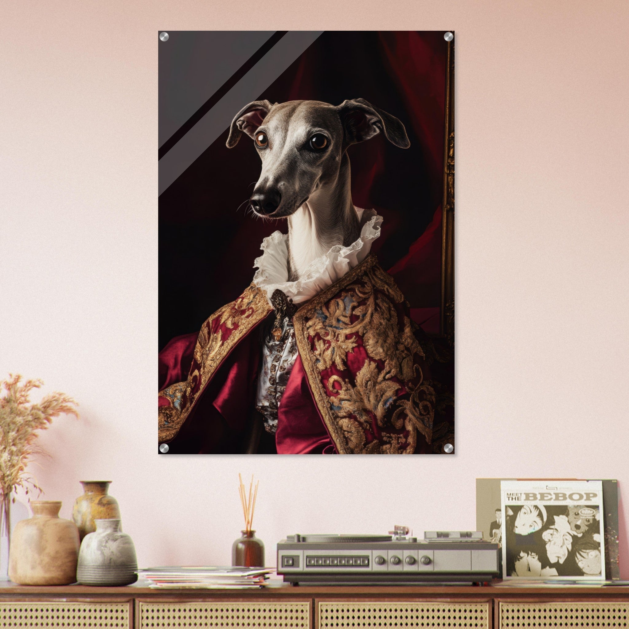 Acrylic Print Portrait - Elegant Baroque Greyhound Portrait A sleek grey 3 - Ai Art Force