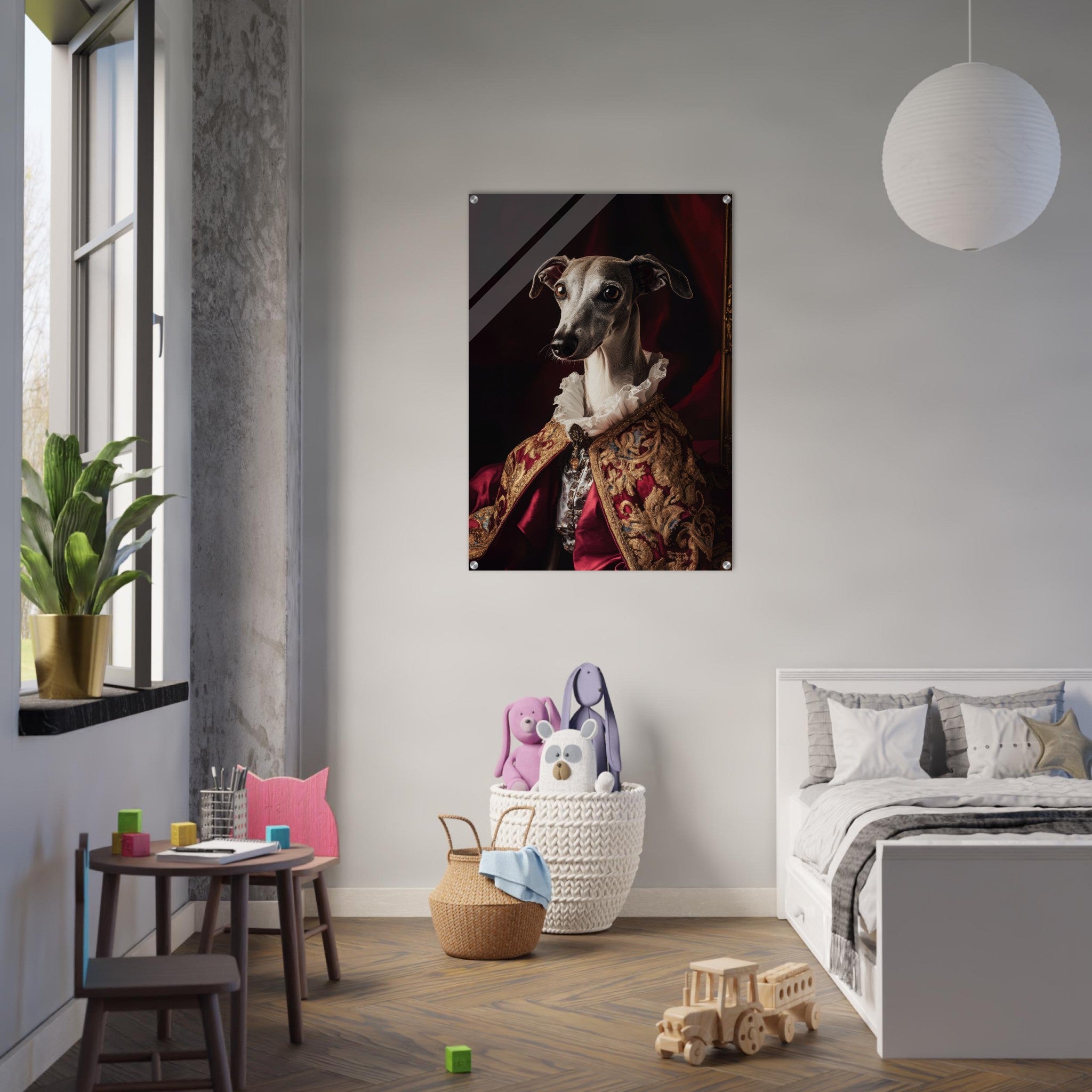 Acrylic Print Portrait - Elegant Baroque Greyhound Portrait A sleek grey 3 - Ai Art Force