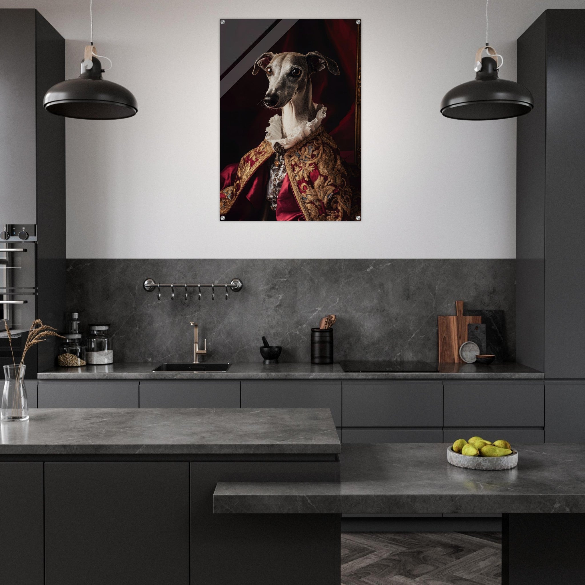 Acrylic Print Portrait - Elegant Baroque Greyhound Portrait A sleek grey 3 - Ai Art Force