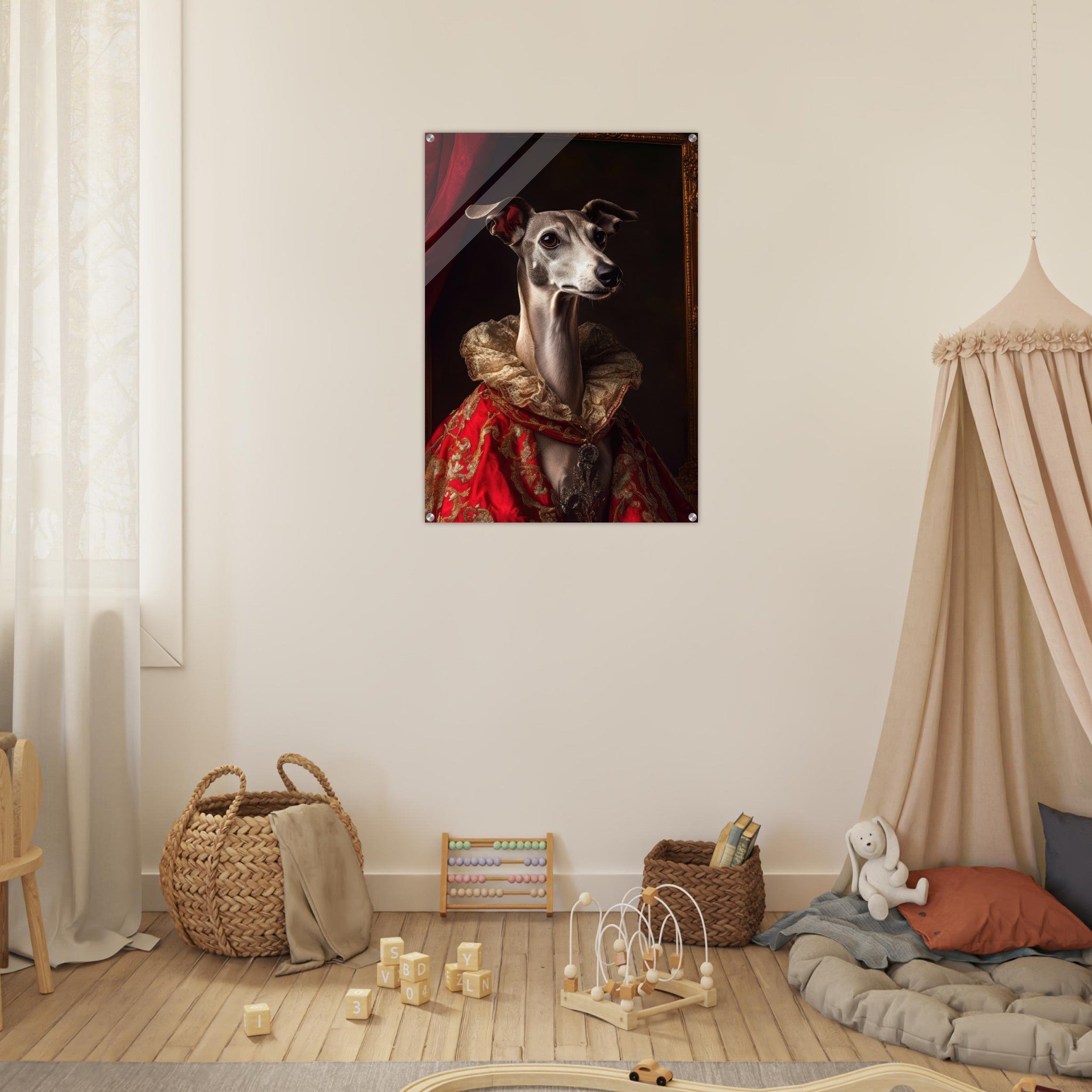 Acrylic Print Portrait - Elegant Baroque Greyhound Portrait A sleek grey 5 - Ai Art Force