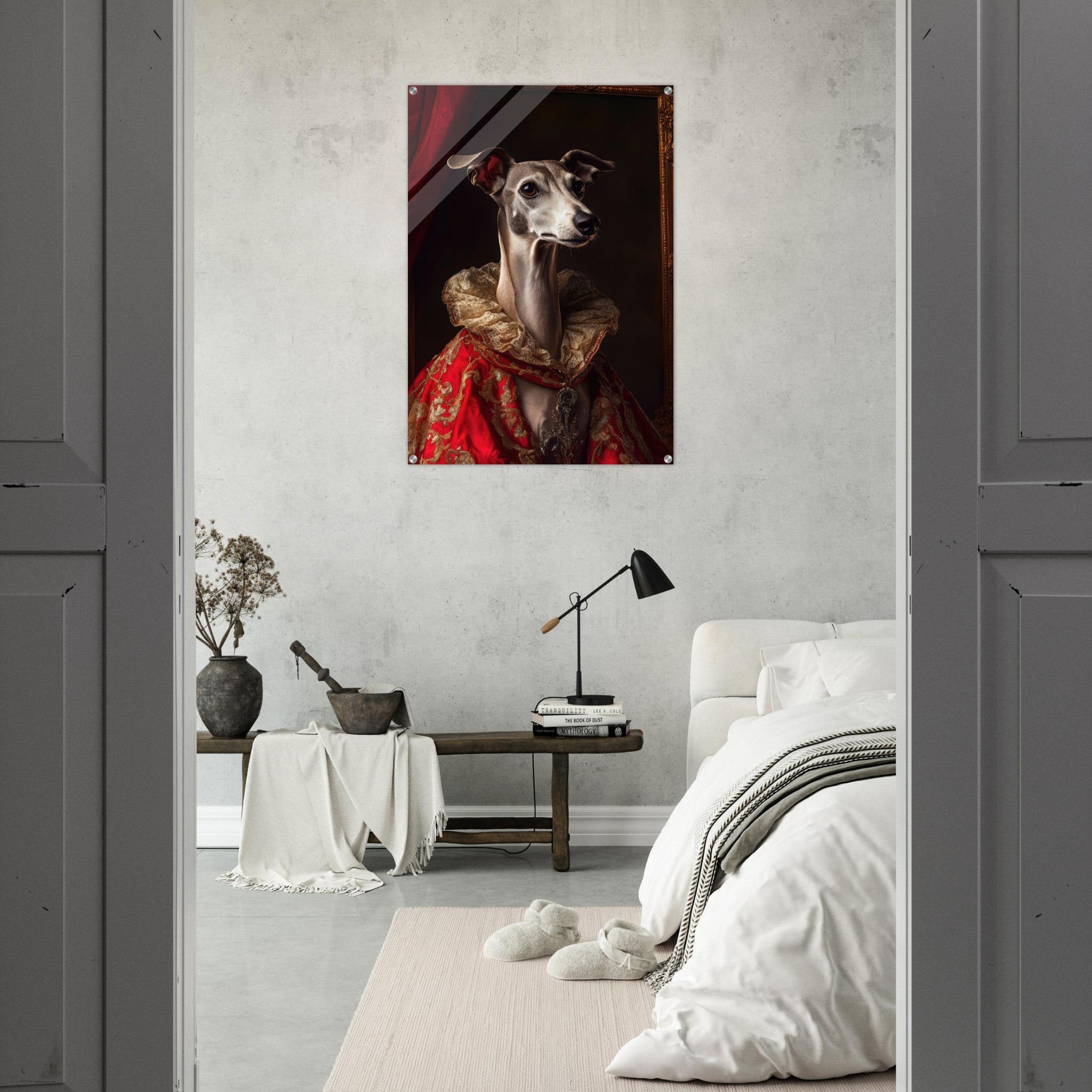 Acrylic Print Portrait - Elegant Baroque Greyhound Portrait A sleek grey 5 - Ai Art Force