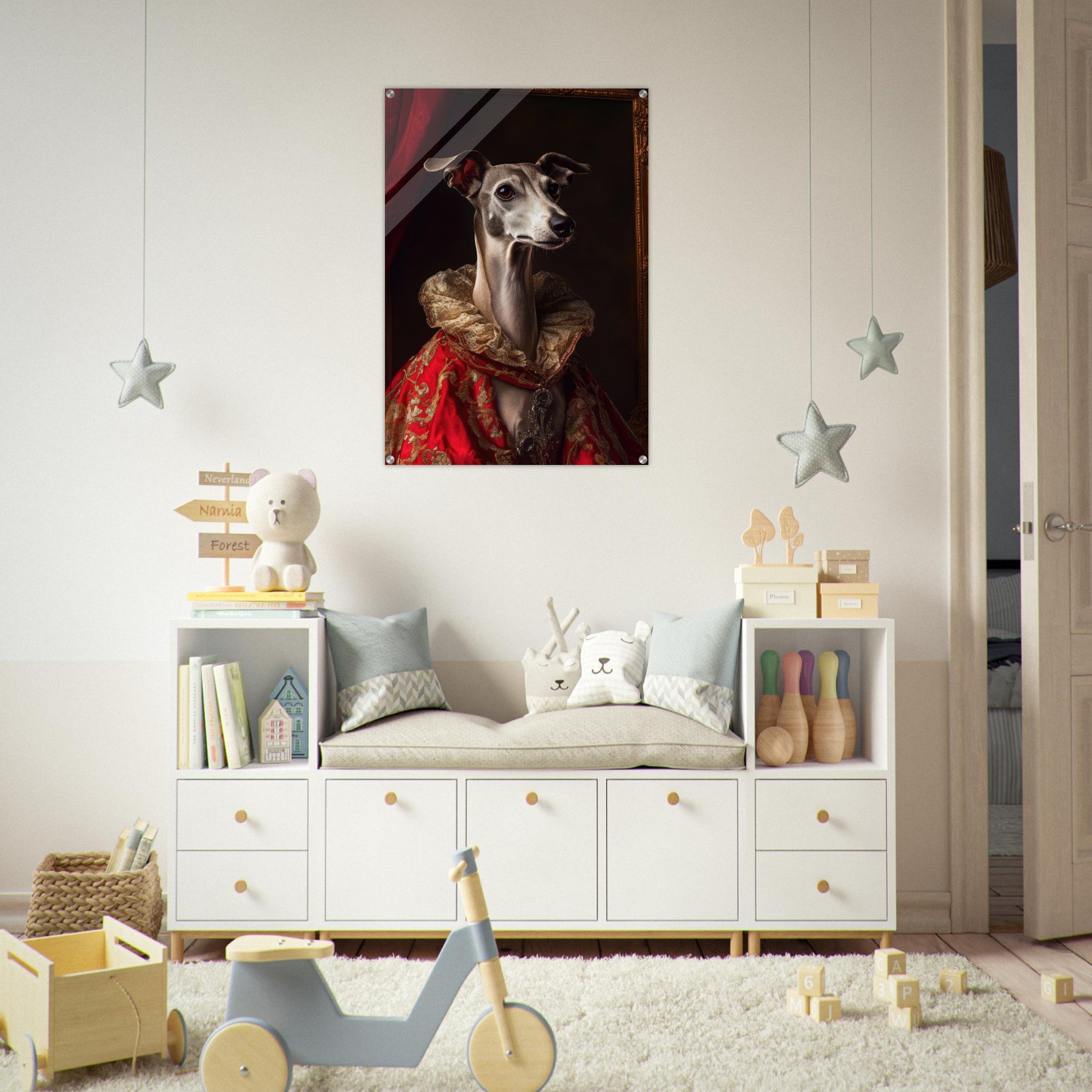 Acrylic Print Portrait - Elegant Baroque Greyhound Portrait A sleek grey 5 - Ai Art Force