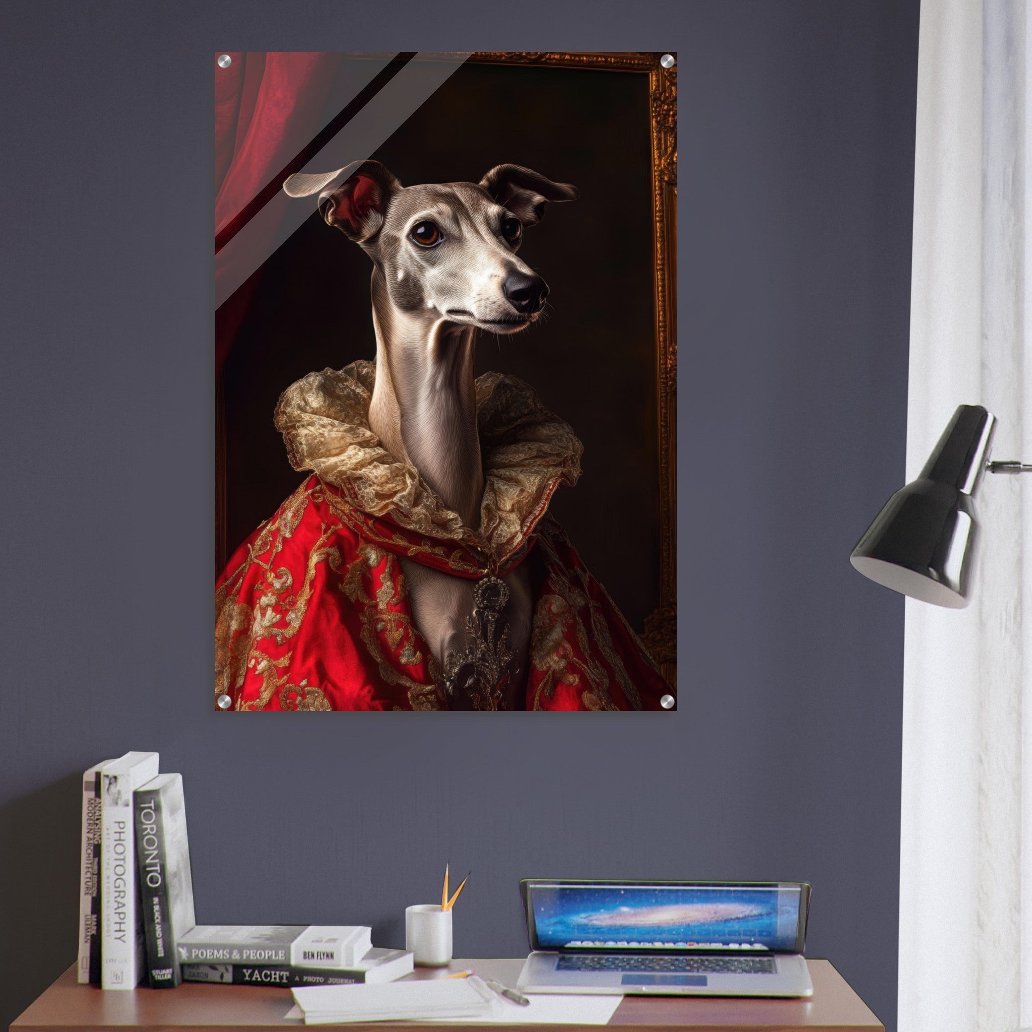 Acrylic Print Portrait - Elegant Baroque Greyhound Portrait A sleek grey 5 - Ai Art Force