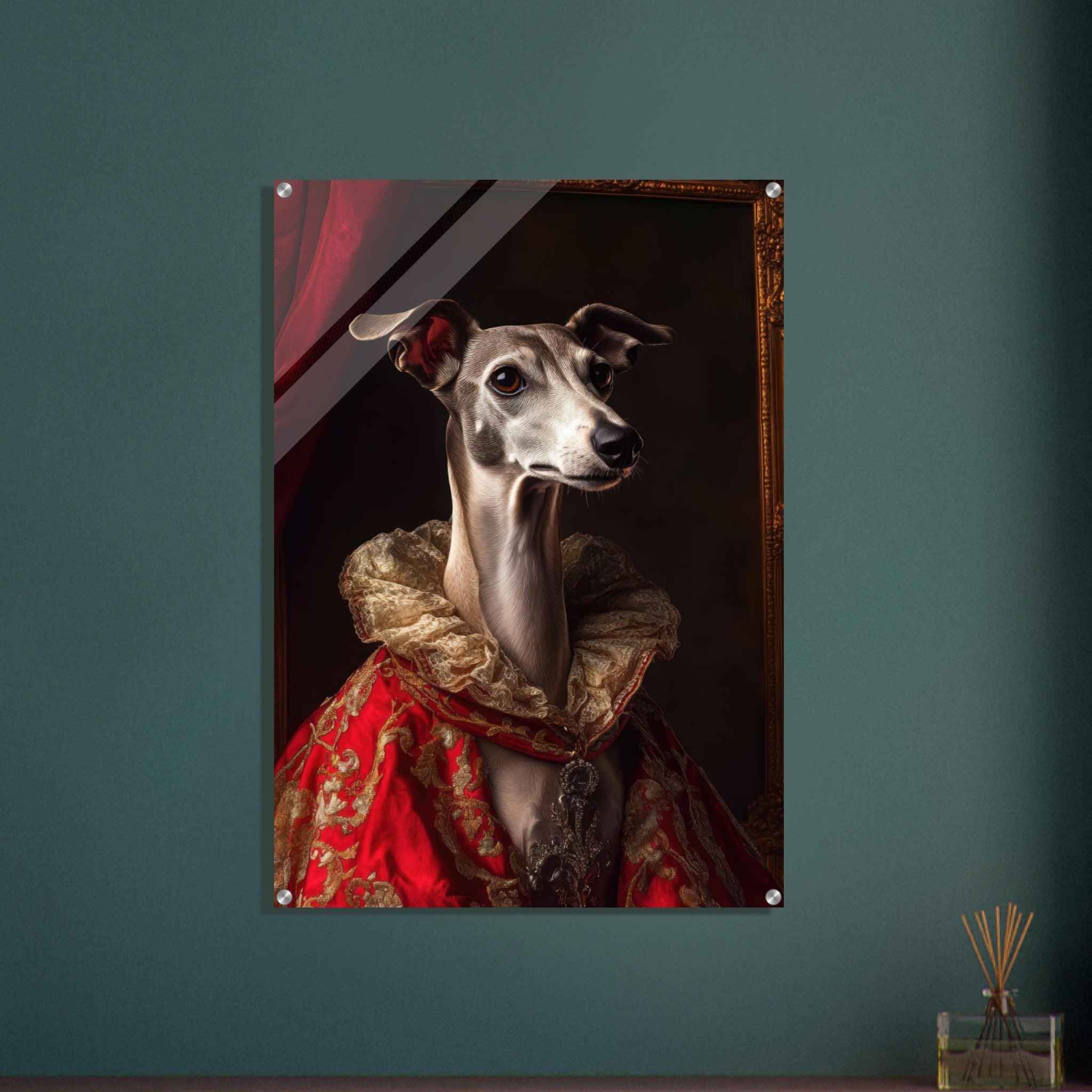 Acrylic Print Portrait - Elegant Baroque Greyhound Portrait A sleek grey 5 - Ai Art Force